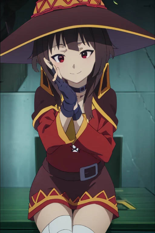  (masterpiece:1.2), Top image quality, hight resolution, Unity 8k壁纸, (illustratio:0.8), (Beautiful detail eyes:1.6), extra detailed face、Perfect litthing、extremely details CG、(perfect hand、perfect anatomia), megumin konosuba, short hair, brown hair color, smile on camera, red eyes, Brown witch hat, red dress, sit on the chair, her hands in table, brown cloak