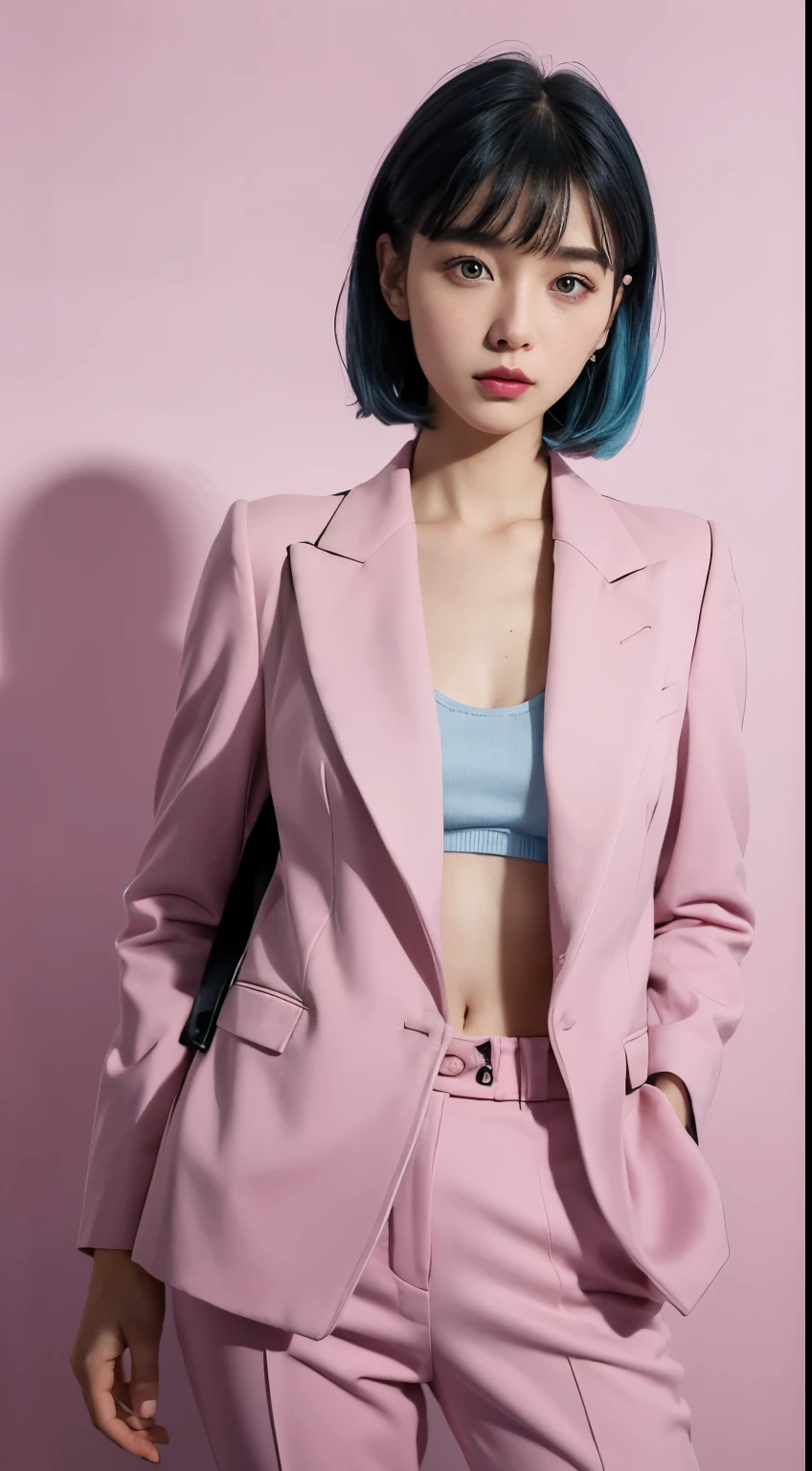 Vogue style photoshoot, Clarity, 4k, 8k, detail, actual, Beautiful Girl, wear pastle blazer, inner wear, pastle pants, black lips, pink and blue mullet haircut, Perfect body, thigh, stand, pose standing, medium chest, Wes Anderson style, pastle color background in Wes Anderson style