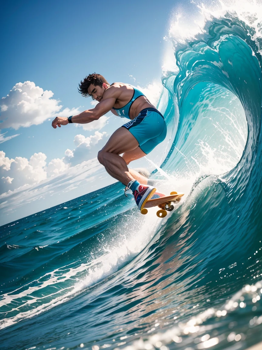 8k,8K resolution,一位武术家打扮的surf者,Riding on the top of a huge wave,Use kung fu and water control to navigate the water,Enjoy panoramic views of the sea and turquoise waves,muscular european, handsome man,charming eyes,rough real skin,beautiful, smooth and shiny,Full muscles,Thick body hair, (Wearing fashionable swimming trunks),big bag,emphasize,Vibrant Neon Wai,bright colors,dynamic composition,Canon EO SRS camera,FU J if11M PR O400H film,35mm lens,shallow view deep,surf,The waves are high,Dashing out of the waves quickly on a skateboard with both feet,Beautiful and professional pose,professional lighting,Professional photography,Realistic photos,realistic model,realistic art