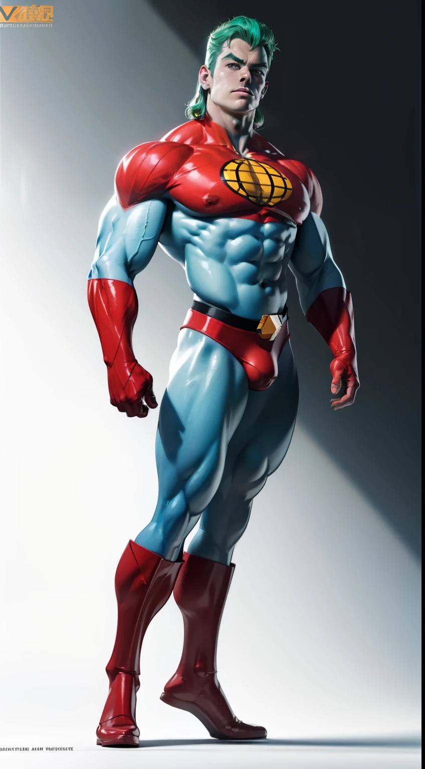 captain planet, design sheet, ((thin jaw)), captain planet, blue face, colored skin, (slendered abs), green hair, masterpiece ,muscular, (veiny biceps:1.1), big arms, chiseled chest, detailed , shiny skin, powerful, godlike, v shape body, wide lat muscles, broad shoulders, large biceps, slender legs, (veiny legs), masterpiece, smaller legs, larger upper body