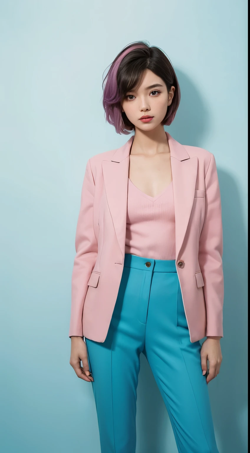 Vogue style photoshoot, Clarity, 4k, 8k, detail, actual, Beautiful Girl, wear pastle blazer, inner wear, pastle pants, black lips, pink and blue mullet haircut, Perfect body, thigh, stand, pose standing, medium chest, Wes Anderson style, pastle color background in Wes Anderson style