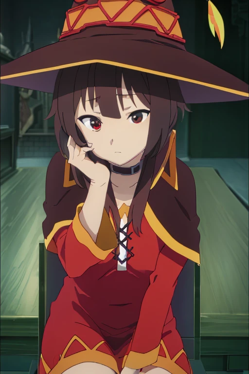  (masterpiece:1.2), Top image quality, hight resolution, Unity 8k壁纸, (illustratio:0.8), (Beautiful detail eyes:1.6), extra detailed face、Perfect litthing、extremely details CG、(perfect hand、perfect anatomia), megumin konosuba, short hair, brown hair color, looking on Windows, red eyes, Brown witch hat, red dress, sit on the chair, her hands in table, brown cloak