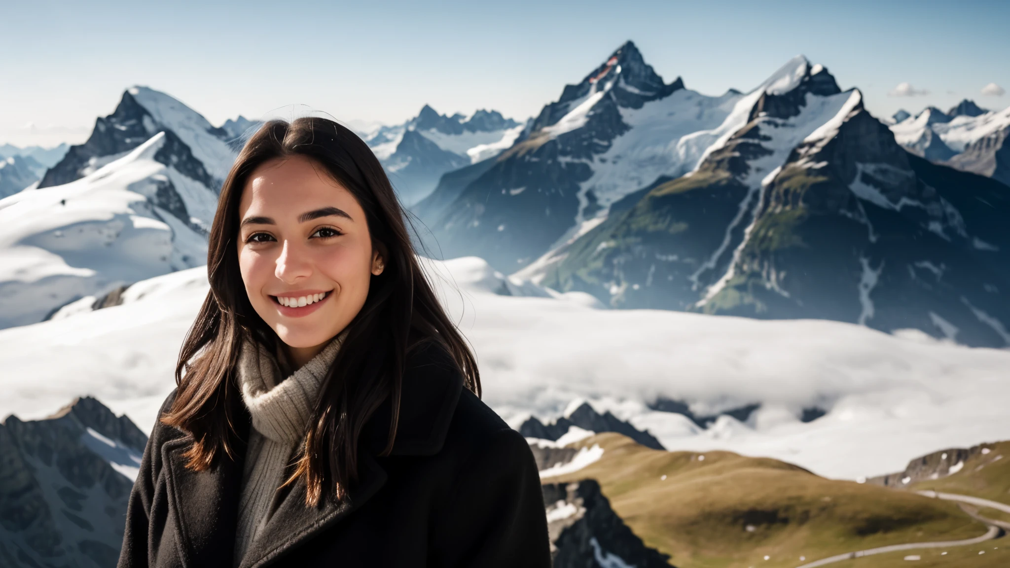 Instagram pictures, French Girl, Shoulder length hair, black hair, Close-up photo, coat, The background is Mount Gonnergrat., Switzerland, smile a little,