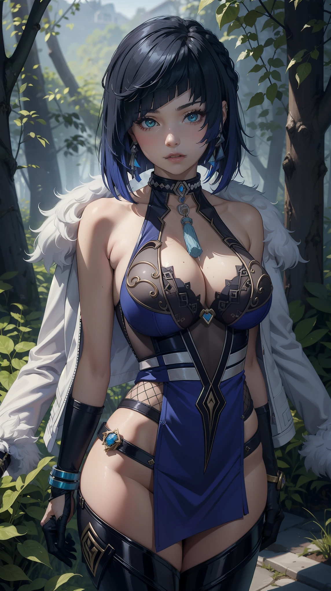 ((masterpiece)),(bestquality),((ultra-detailed)), ((yelandef)), large breast, dark forest, sexy, nice body, looking at viewer