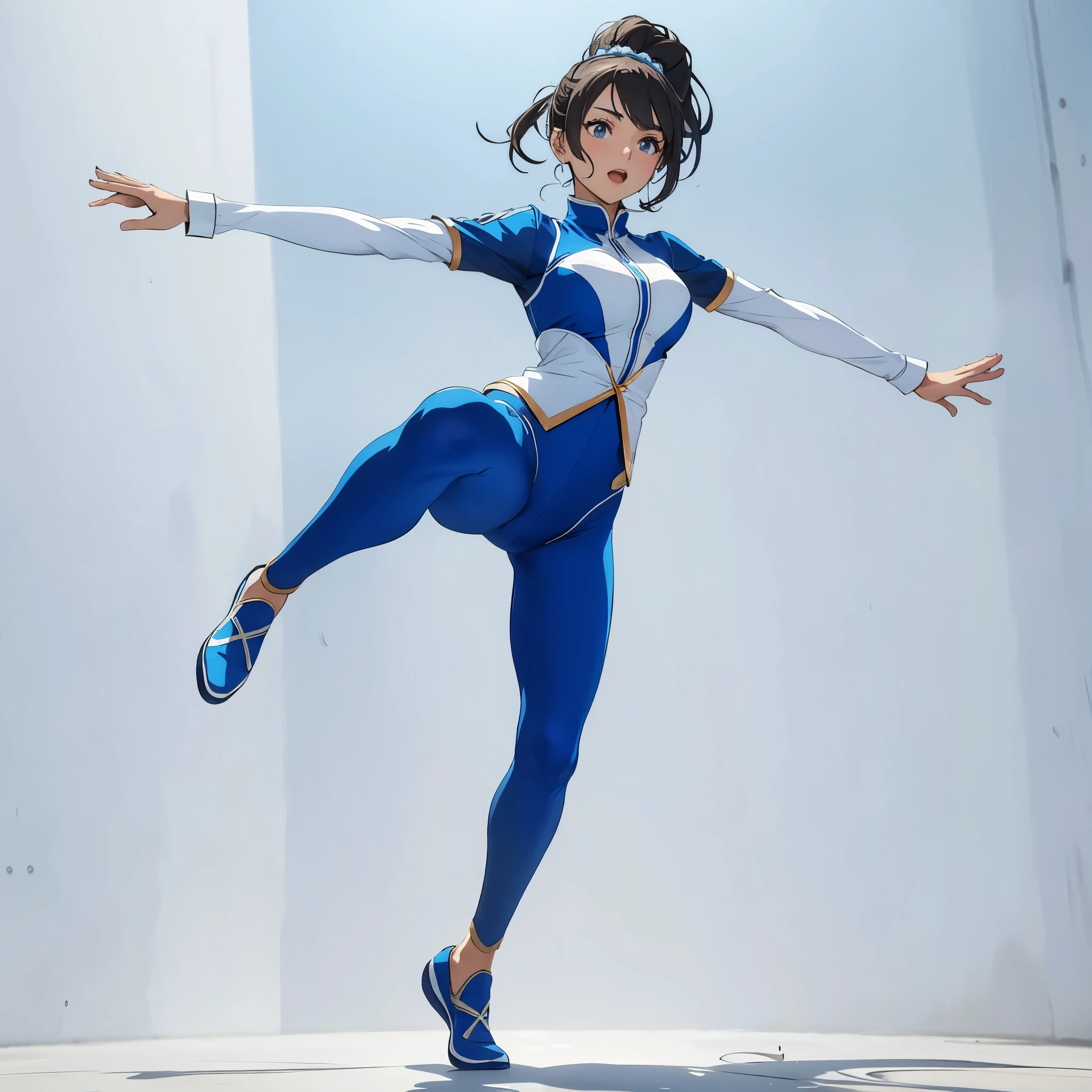 Alafid woman in blue and white outfit jumping in the air, dynamic active running posture, the anime girl is running, running posture, Character in natural pose, full body dynamic poses, dynamic dance poses, Dynamic movement poses, dynamic action poses, she is dancing. actual, Jumping pose, Perfect dynamic pose, Confident movement posture, whole body action poses