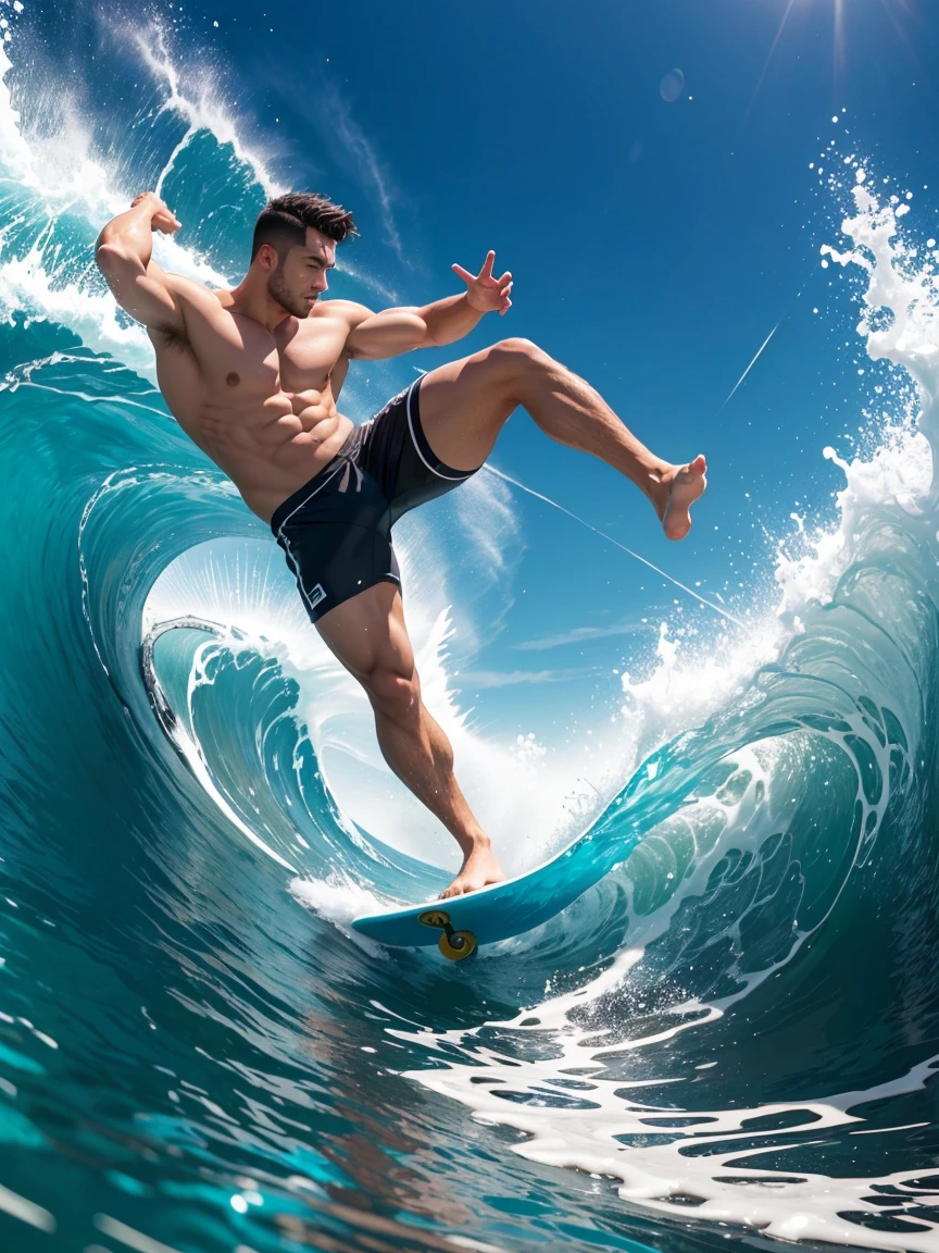 8k,8K resolution,一位武术家打扮的surf者,Riding on the top of a huge wave,Use kung fu and water control to navigate the water,Enjoy panoramic views of the sea and turquoise waves,muscular european, handsome man,charming eyes,rough real skin,beautiful, smooth and shiny,Full muscles,Thick body hair, (Wearing fashionable swimming trunks),big bag,emphasize,Vibrant Neon Wai,bright colors,dynamic composition,Canon EO SRS camera,FU J if11M PR O400H film,35mm lens,shallow view deep,surf,The waves are high,Dashing out of the waves quickly on a skateboard with both feet,Beautiful and professional pose,professional lighting,Professional photography,Realistic photos,realistic model,realistic art