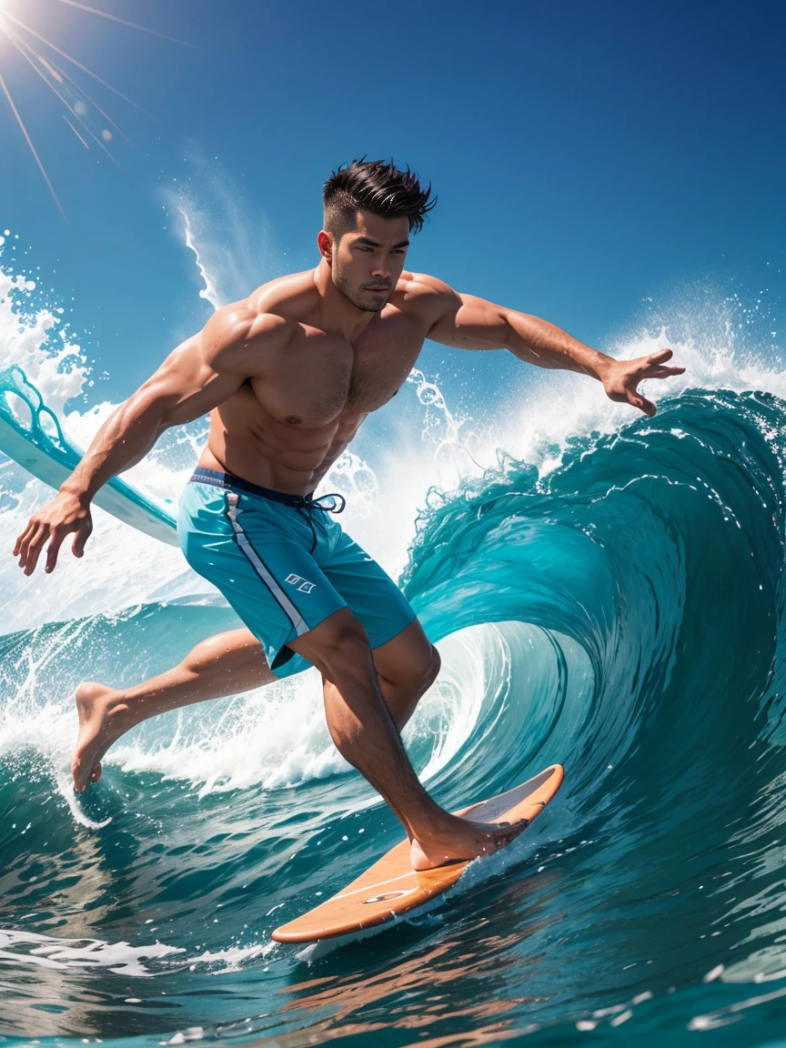 8k,8K resolution,一位武术家打扮的surf者,Riding on the top of a huge wave,Use kung fu and water control to navigate the water,Enjoy panoramic views of the sea and turquoise waves,muscular european, handsome man,charming eyes,rough real skin,beautiful, smooth and shiny,Full muscles,Thick body hair, (Wearing fashionable swimming trunks),big bag,emphasize,Vibrant Neon Wai,bright colors,dynamic composition,Canon EO SRS camera,FU J if11M PR O400H film,35mm lens,shallow view deep,surf,The waves are high,Dashing out of the waves quickly on a skateboard with both feet,Beautiful and professional pose,professional lighting,Professional photography,Realistic photos,realistic model,realistic art
