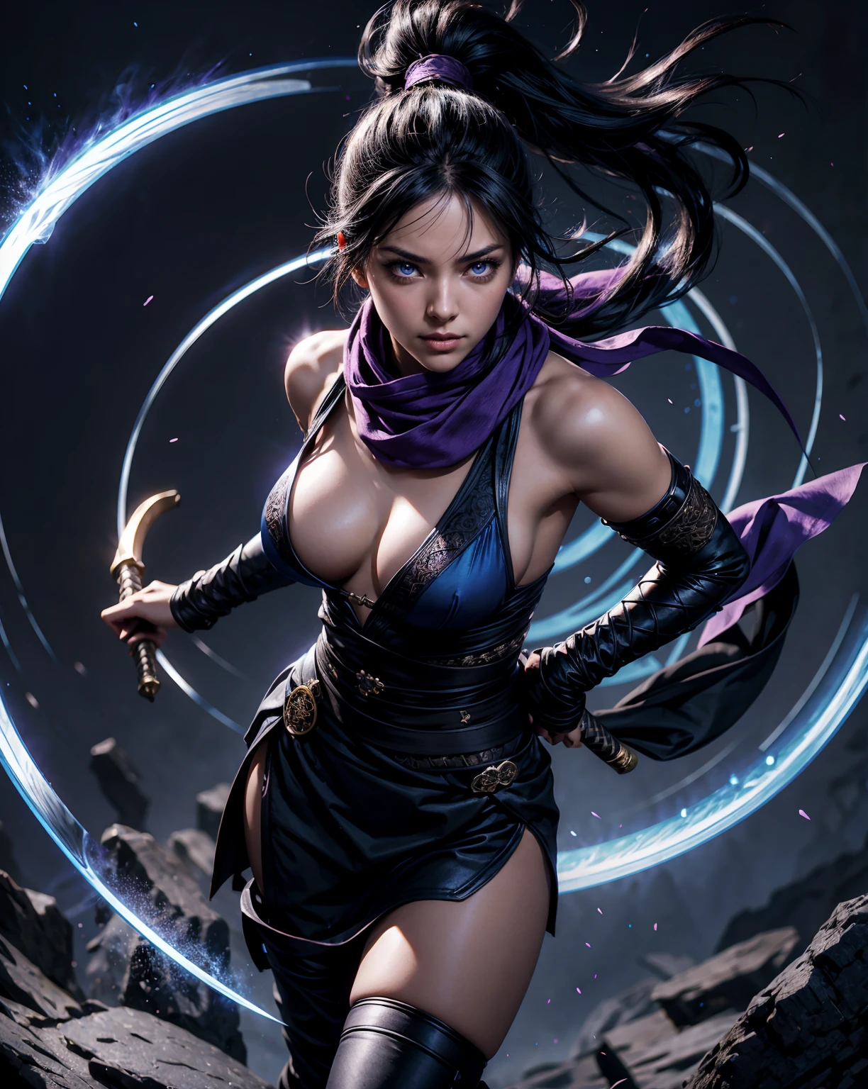 cinematic light, intricate detail, full body, sexy girl, 1girl, black hair, ponytail, purple eyes, (ninja), sword, big breats ,scarf, wallpaper, magic circle background, light particles, blue fire