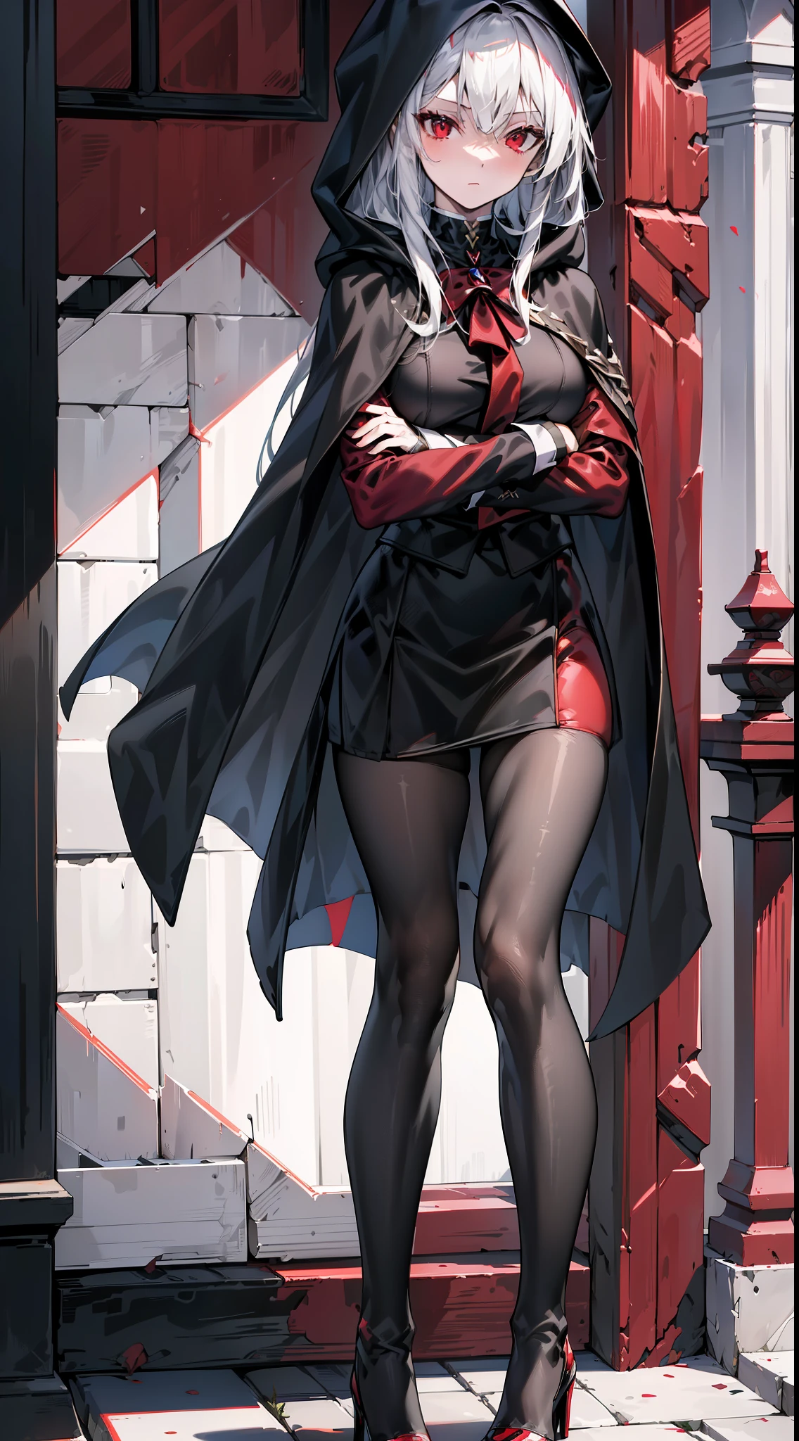 (masterpiece, best quality, highres, high quality:1.2), award winning, super detail, high details, textured skin, anatomically correct, ccurate, UHD, retina, ((4k,1080P, HD)), silver white hair, long hair, shinny hair, perfect breasts, small breasts, charming and stunning woman, attractive beauty, pantyhose black, ((black Cloak)), high heels, ((Crimson red Eyes)), crimson throne, crimson palace, (crimson lightning),((perfect anatomy)), ((1girl)), perfect hands,black gloves, ((standing)), ((crossed arms)), (mature young woman), cute girl, beautiful girl, ((high shot angle)),black short skirt, (perfect legs), ((beautiful and stunning young girl, attractive girl)), ((perfect body, sexy body)), (((full body))),((ultra_detailed)), ((standing straight)), ((she is short, short legs)), young female girl
