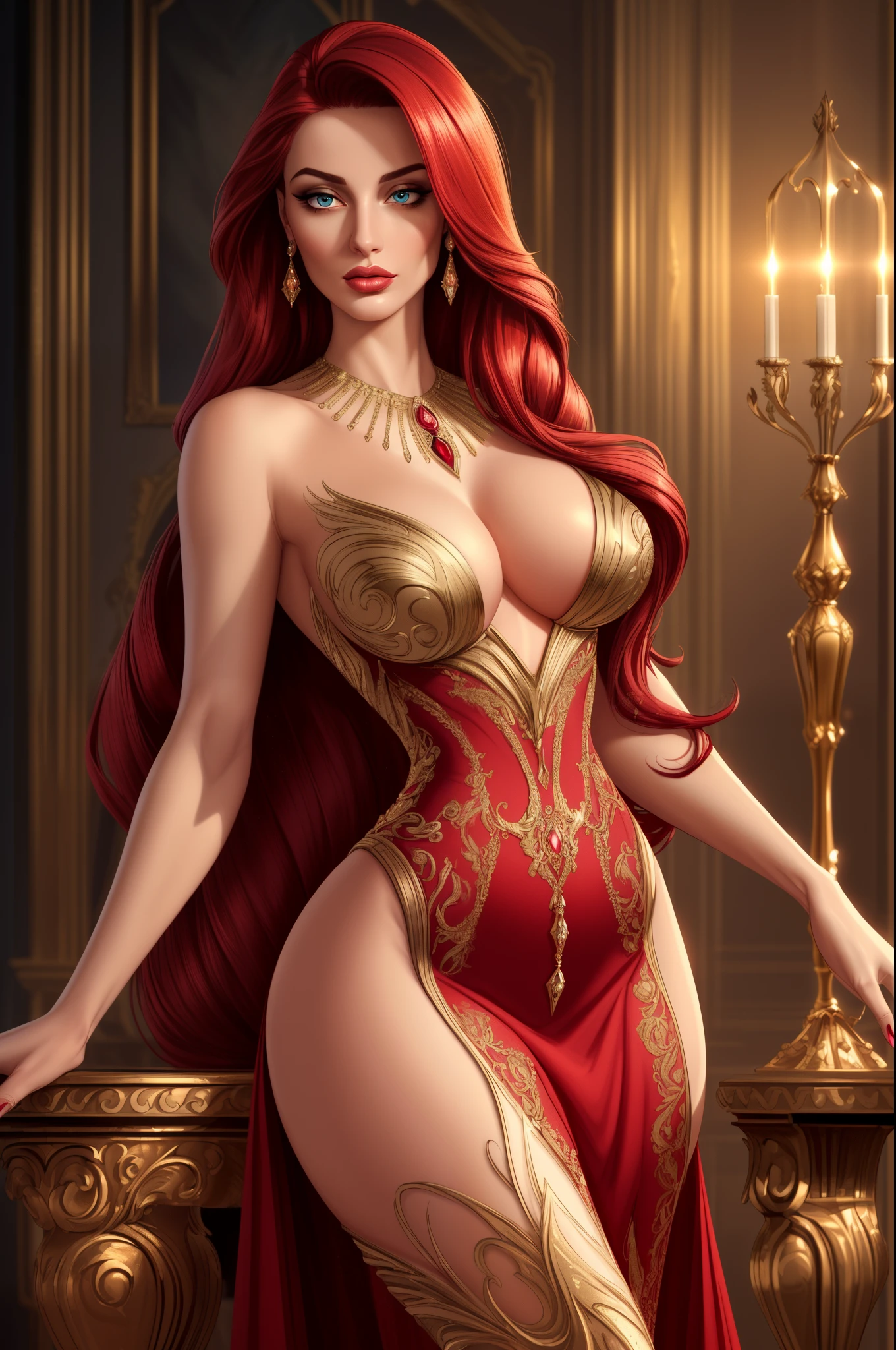 (best quality,4k,8k,highres,masterpiece:1.2),ultra-detailed,realistic, sexy woman, beautiful detailed eyes, beautiful detailed lips, elegant dress, long flowing hair, hourglass figure, graceful pose, soft lighting, glamorous ambiance, fine art, vibrant colors, crimson hair