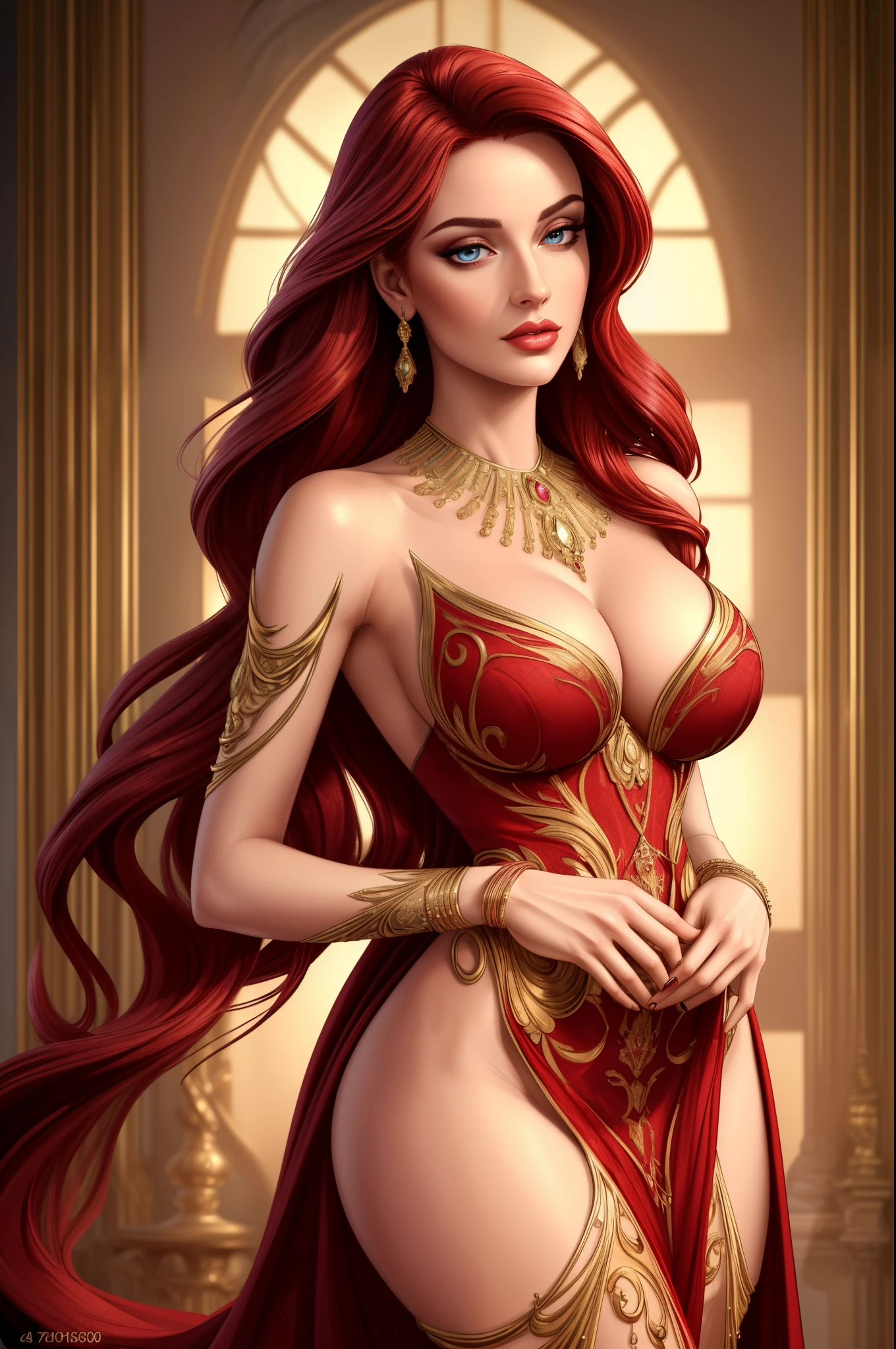 (best quality,4k,8k,highres,masterpiece:1.2),ultra-detailed,realistic, sexy woman, beautiful detailed eyes, beautiful detailed lips, elegant dress, long flowing hair, hourglass figure, graceful pose, soft lighting, glamorous ambiance, fine art, vibrant colors, crimson hair