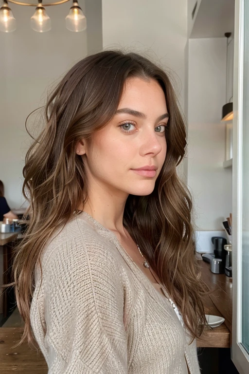 a young woman with long brown hair and blue eyes, in the style of precisionist, wavy, textural layering, light amber and pink, olive cotton, flattering lighting, effortlessly chic, in cafe, looking away