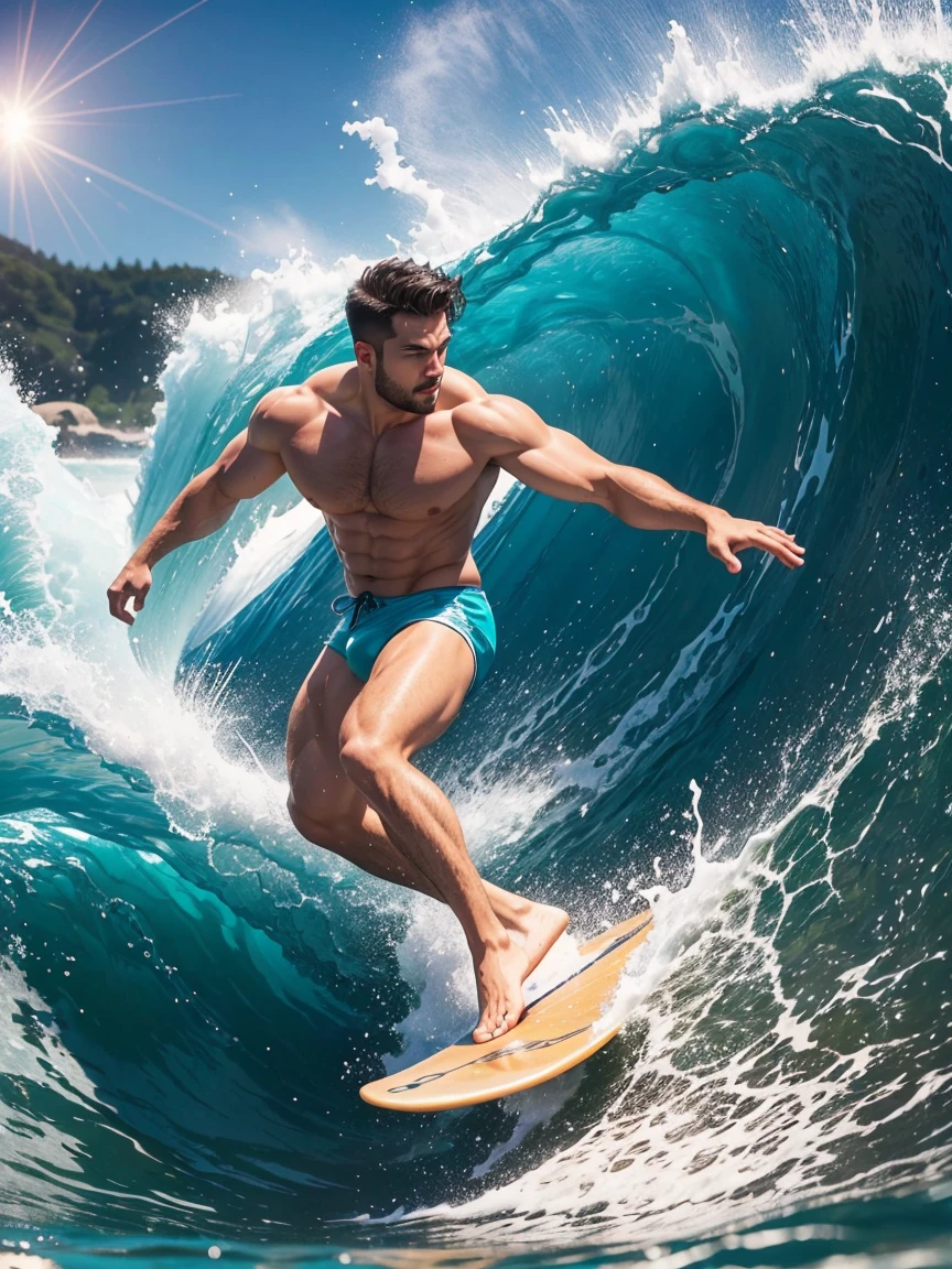 8k,8K resolution,一位武术家打扮的surf者,Riding on the top of a huge wave,Use kung fu and water control to navigate the water,Enjoy panoramic views of the sea and turquoise waves,muscular european, handsome man,charming eyes,rough real skin,beautiful, smooth and shiny,Full muscles,Thick body hair, (Wearing fashionable swimming trunks),big bag,emphasize,Vibrant Neon Wai,bright colors,dynamic composition,Canon EO SRS camera,FU J if11M PR O400H film,35mm lens,shallow view deep,surf,The waves are high,Dashing out of the waves quickly on a skateboard with both feet,Beautiful and professional pose,professional lighting,Professional photography,Realistic photos,realistic model,realistic art