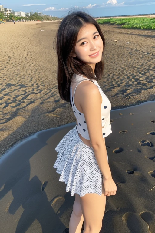 Beautiful Japanese woman standing on the sandy beach by the sea with her back straight, high teenager, Full body photo taken from the front, long eyes, beautiful eyes, Eye pupils are black, Height: 155cm, bust 79cm, Waist 55cm, Hip 85cm, Bob cut brown hair, Healthy thighs, barefoot, Rest your left foot, Shot straight ahead, full body shot,Camera height is 50cm, The line of sight is looking down at the camera at a height of 50 cm above the ground.,elongated facial contour, Smile a little,sharp cheeks, round chin, clean nose, looking at the camera, round chin, long eyes, beautiful eyes, black eyes, Navel soup、(large polka dot pattern)sleeveless shirt, (Fluttering)White(overtake)mini skirt