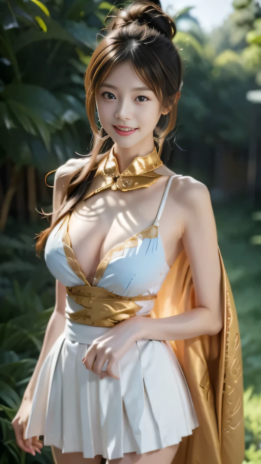 Chinese female general Hua Mulan,Saffron Hu suit lining,Detail the eyes,Crimson cape,Gold metal breastplate,Breasts are full and erect,golden helmet,battlefield background,majestic,Smile(open mouth)(The corners of the mouth are raised),Leather tunic,(White pleated skirt)Knee armor,Half-length photo,(gold metal headband),light blue hair,(Hair bun raised high)。wilderness background(grassland background)