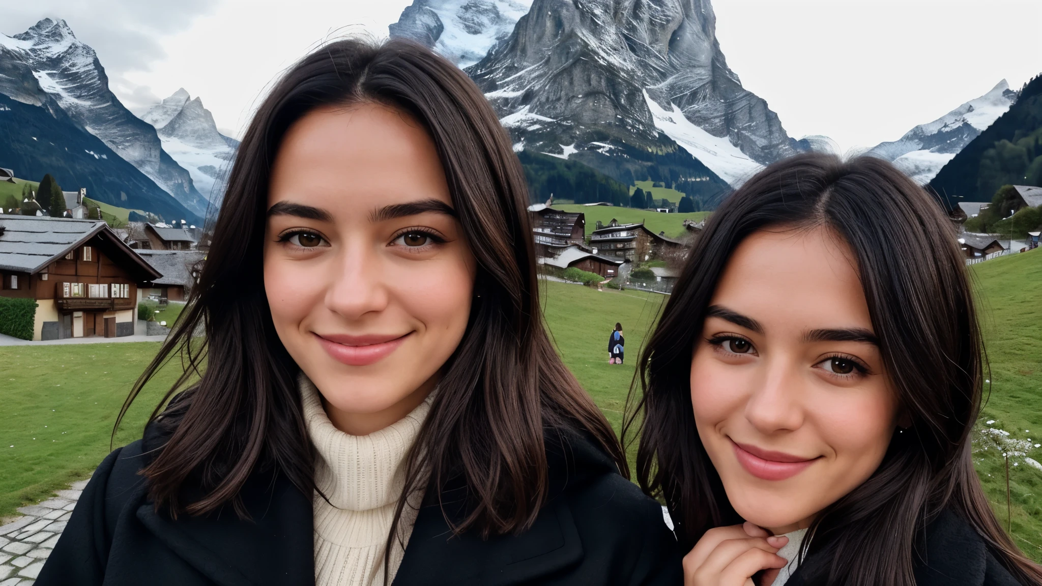 Instagram pictures, French Girl, Shoulder length hair, black hair, Close-up photo, coat, The background is the village of Grindelwald.., Switzerland, smile a little,