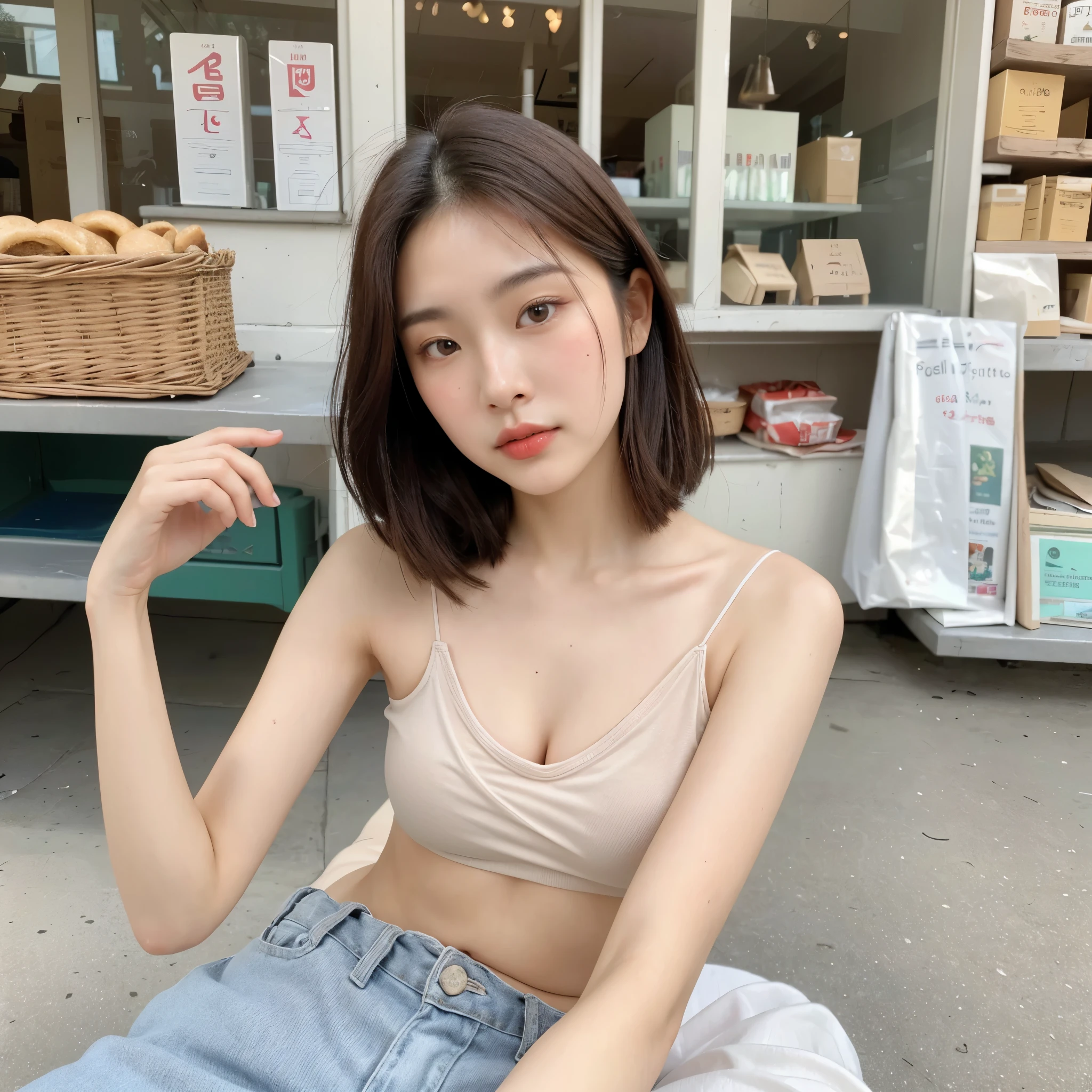 A superb exquisite real beautiful Korean girl, natural straight hair, extremely delicate, straight facial features, peerless beautiful girl, soft, dreamy quality, light white and dark brown, exaggerated facial features, solid color, frank holly, delicate face, bright lips slightly open, slender waist, soft curves, real light and shadow, super fine, 4k, natural moving, realistic, Ultra high resolution, ((at the street food)), (professional pose),(nsfw:1.4), (Topless camisole:1.4),(sitting in the street food shop:1.4), (her hand hiding), (((1 girl)))