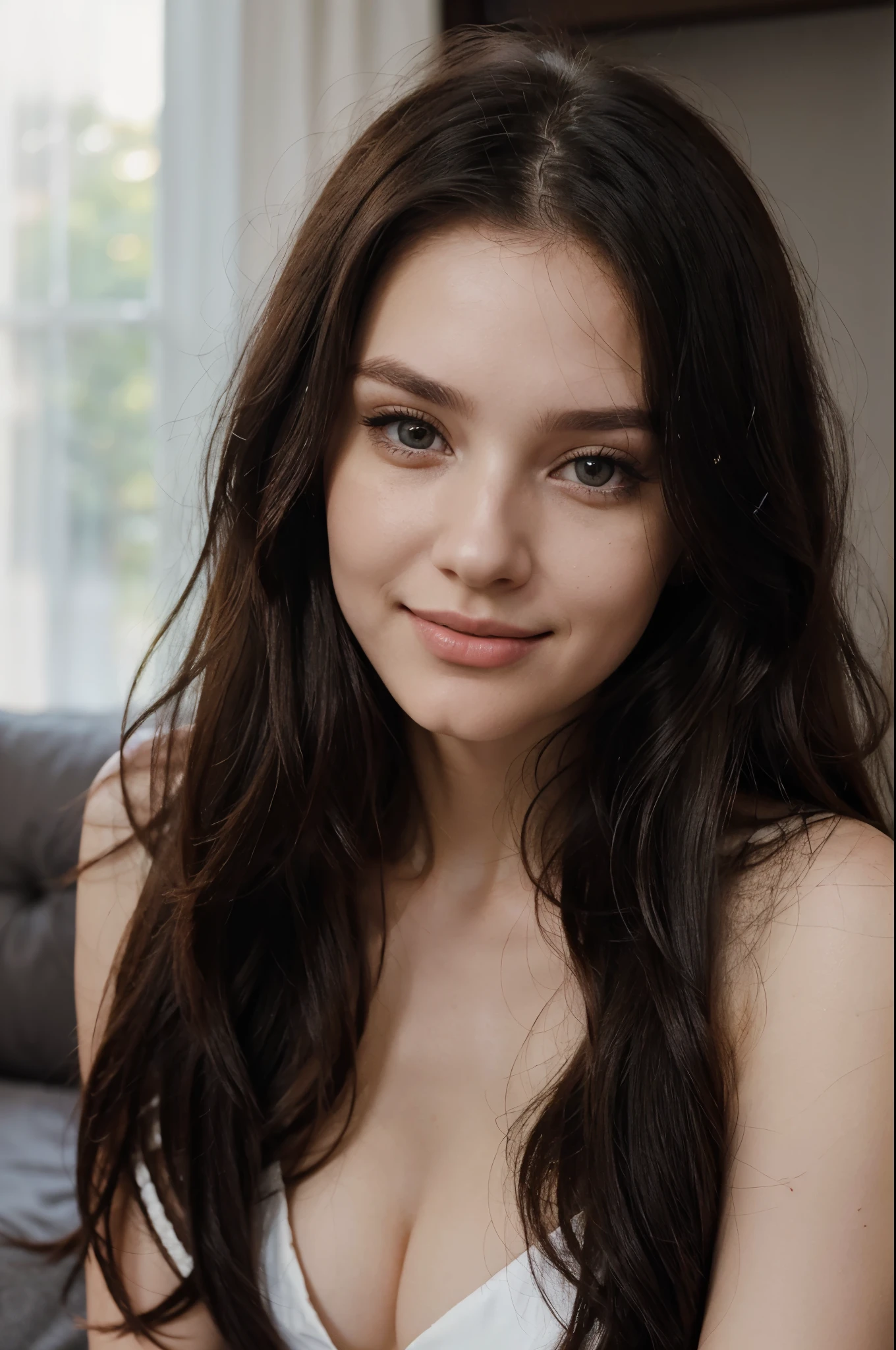 instagram photo, 21yo russian woman, long hair, black hair, closeup portrait, pale, hard shadows, perfect face, fully dressed, use the same face, masterpiece, same face, London Penthouse Location, looking into the camera, smiling, Vogue style photoshoot,