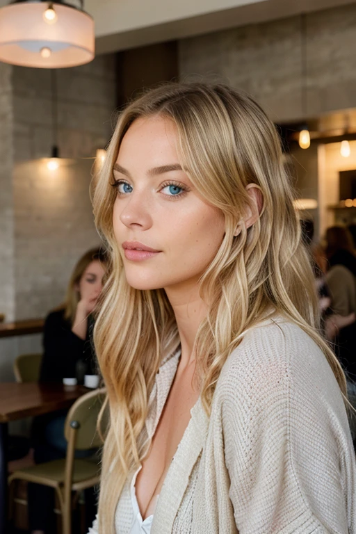 a young woman with long platin blond hair and blue eyes, in the style of precisionist, wavy, textural layering, light amber and pink, olive cotton, flattering lighting, effortlessly chic, in cafe, looking away