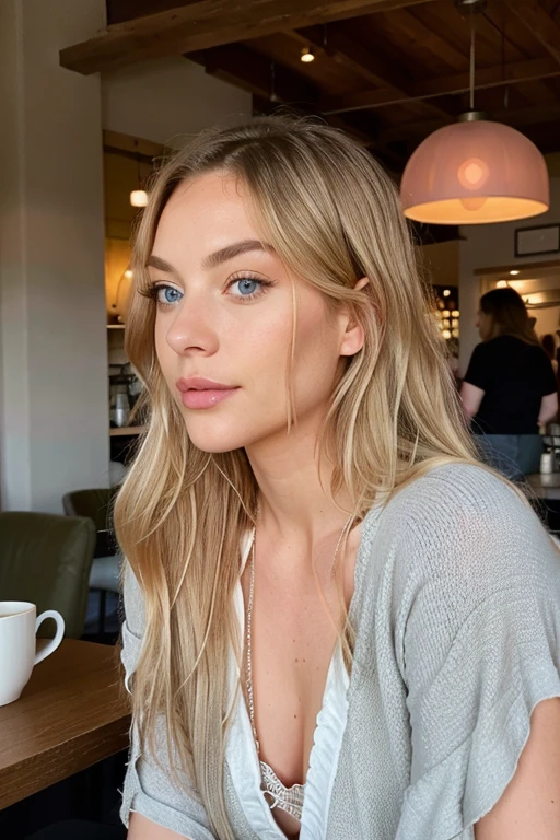 a young woman with long platin blond hair and blue eyes, in the style of precisionist, wavy, textural layering, light amber and pink, olive cotton, flattering lighting, effortlessly chic, in cafe, looking away