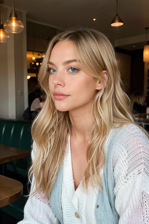 a young woman with long platin blond hair and blue eyes, in the style of precisionist, wavy, textural layering, light amber and pink, olive cotton, flattering lighting, effortlessly chic, in cafe, looking away