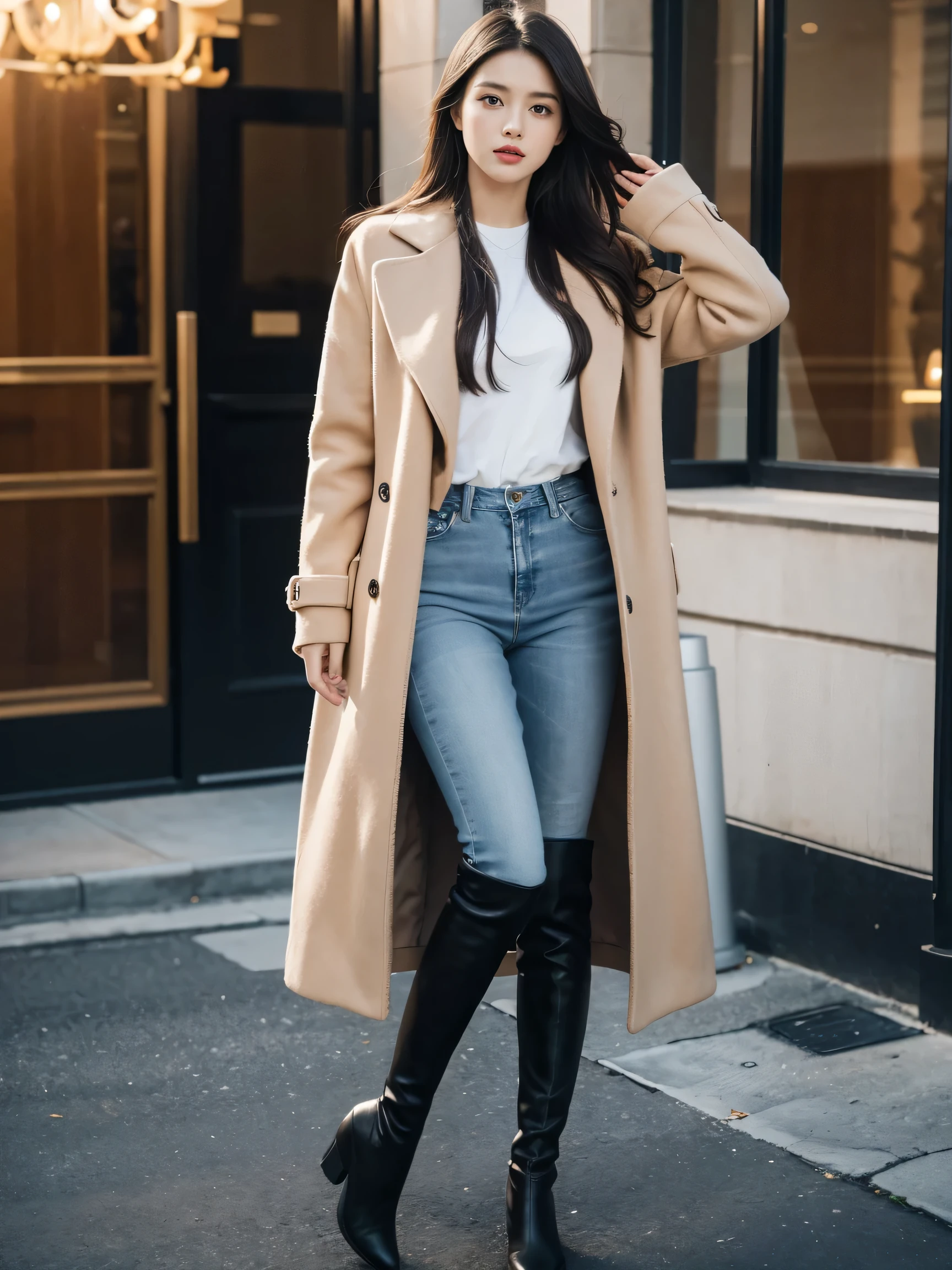 best quality,masterpiece,ultra high resolution,(actual:1.4),original photo,ultra high definition,8K,there is a girl,fashionable clothes,coat,skinny jeans,Over-the-knee boots,long legs,whole body