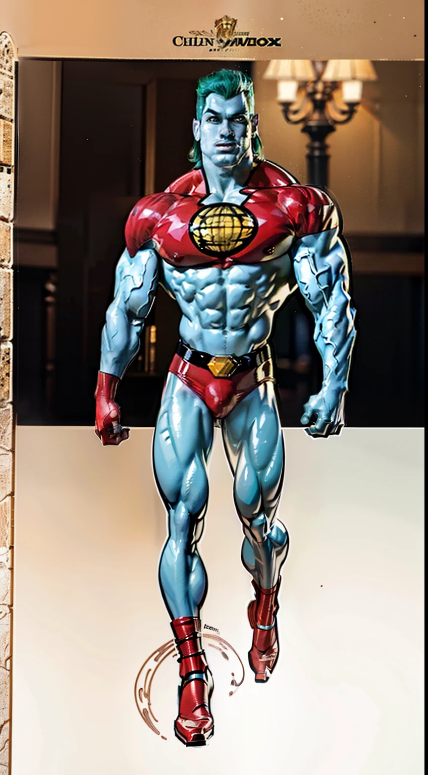 captain planet, design sheet, ((thin jaw)), captain planet, blue face, colored skin, (slendered abs), green hair, masterpiece ,muscular, (veiny biceps:1.1), big arms, chiseled chest, detailed , shiny skin, powerful, godlike, v shape body, wide lat muscles, broad shoulders, large biceps, slender legs, (veiny legs), masterpiece, smaller legs, larger upper body