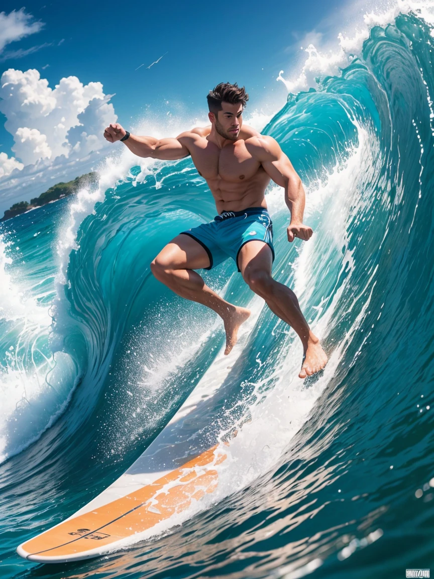 8k,8K resolution,一位武术家打扮的surf者,Riding on the top of a huge wave,Use kung fu and water control to navigate the water,Enjoy panoramic views of the sea and turquoise waves,muscular european, handsome man,charming eyes,rough real skin,beautiful, smooth and shiny,Full muscles,Thick body hair, (Wearing fashionable swimming trunks),big bag,emphasize,Vibrant Neon Wai,bright colors,dynamic composition,Canon EO SRS camera,FU J if11M PR O400H film,35mm lens,shallow view deep,surf,The waves are high,Dashing out of the waves quickly on a skateboard with both feet,Beautiful and professional pose,professional lighting,Professional photography,Realistic photos,realistic model,realistic art