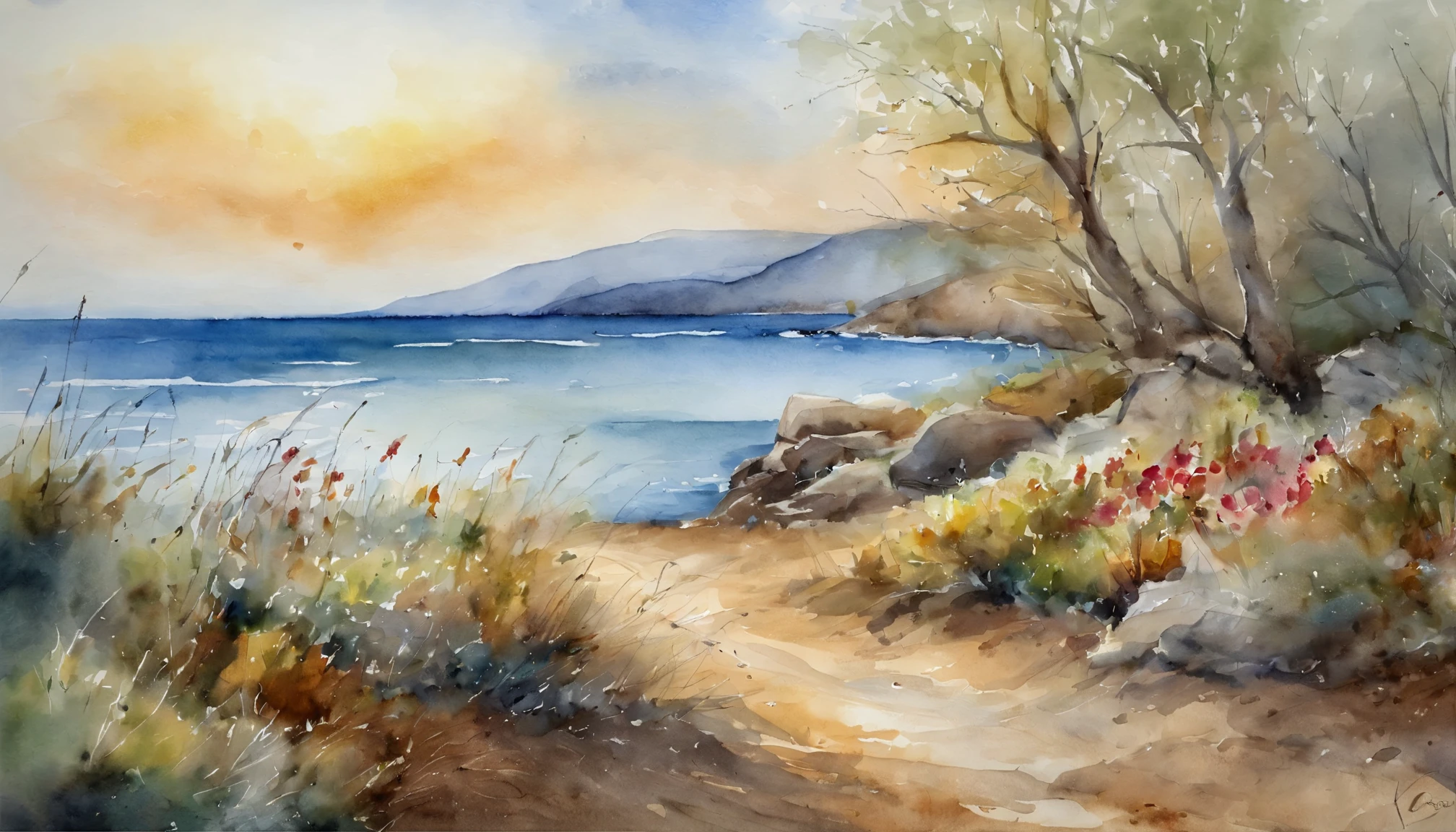 tmasterpiece, top-quality, high detal, Impressionism, Facing the sea,Spring, Cinematic light,