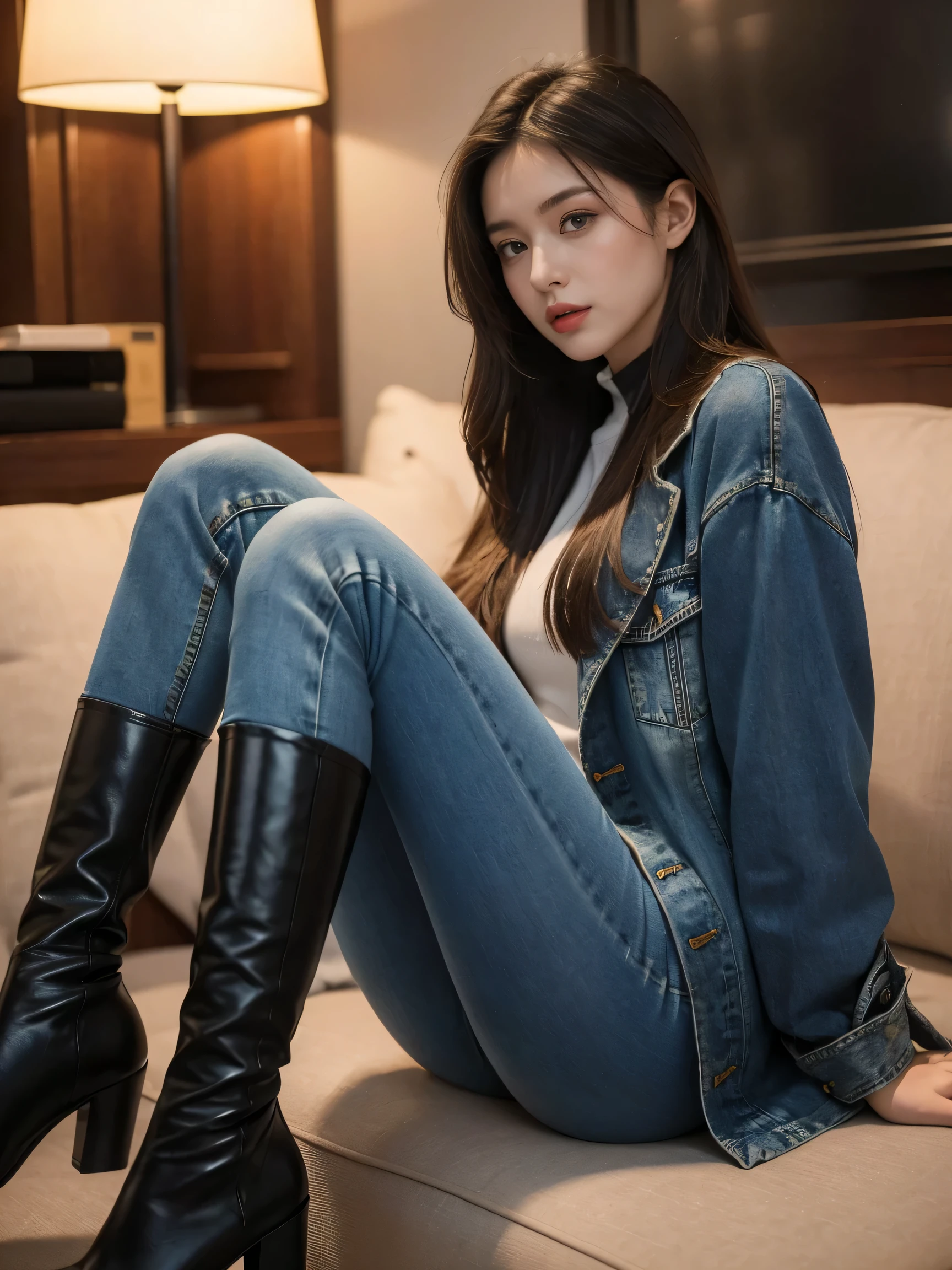 (masterpiece, best quality), 1girl , Claire Redfield, chain on her neck, in bed, in her jeans,