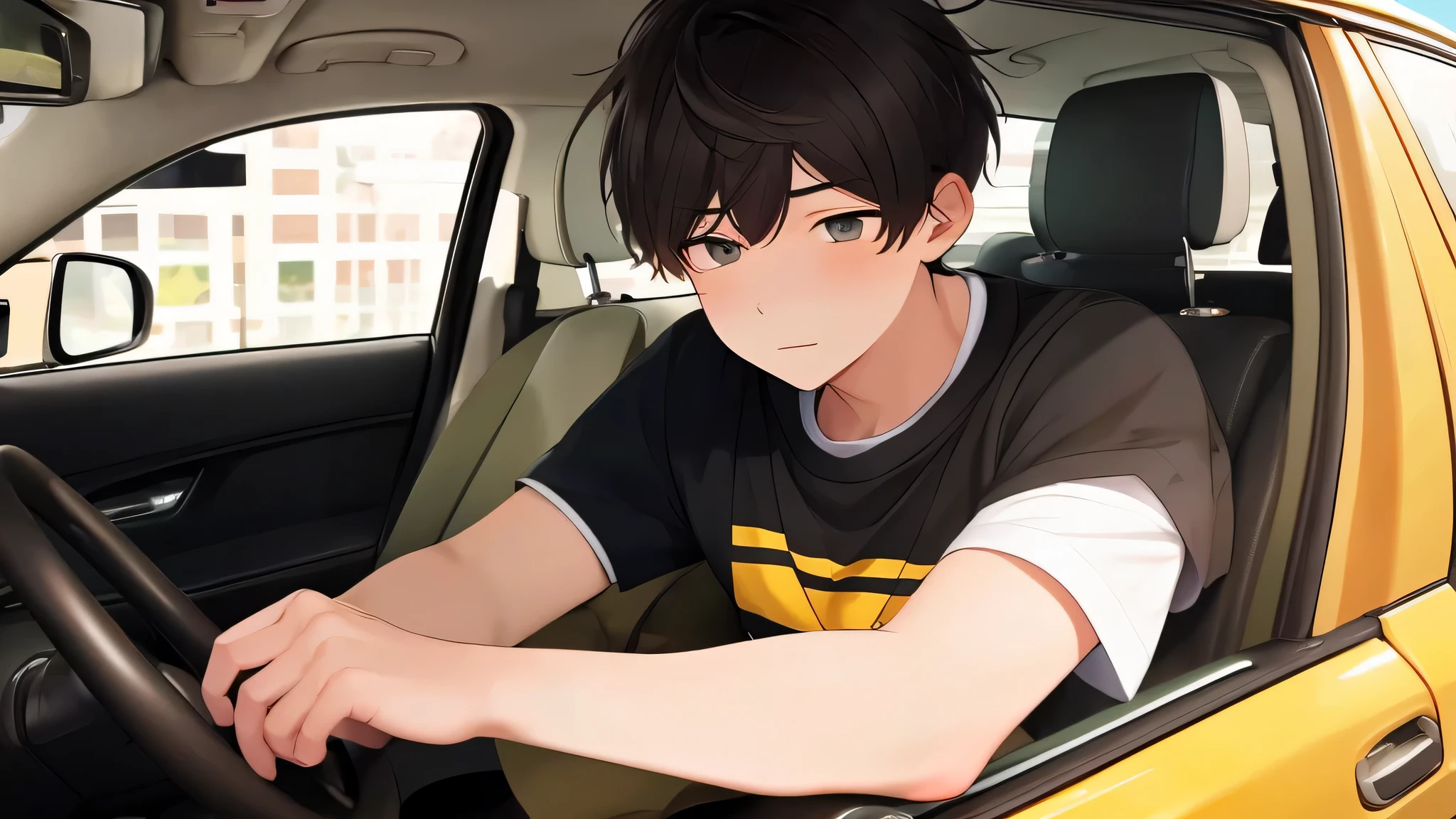 a cute college student boy, black t shirt, driving taxi with stressed face