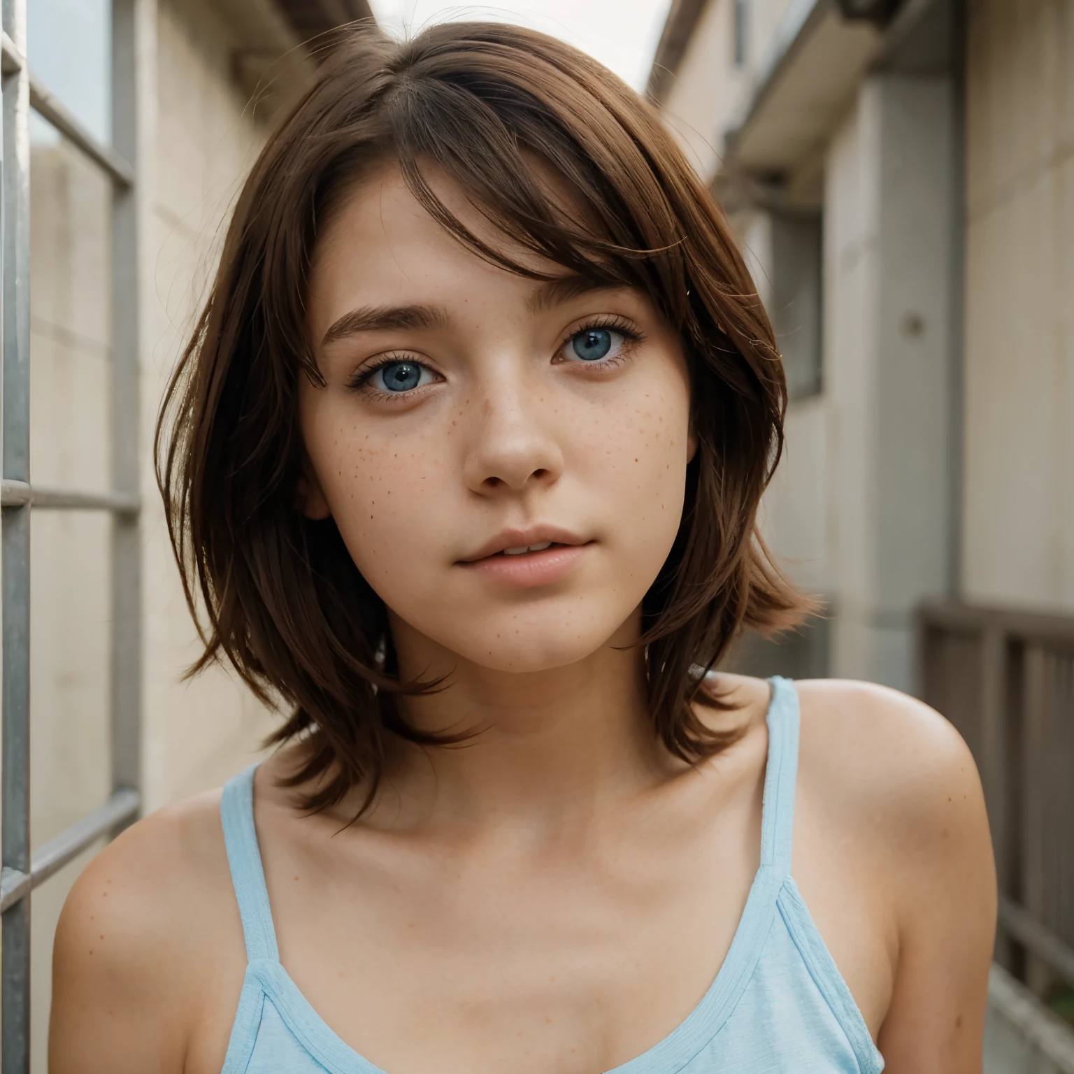 16 year old girl, short brown hair, blue eyes, freckles, anime