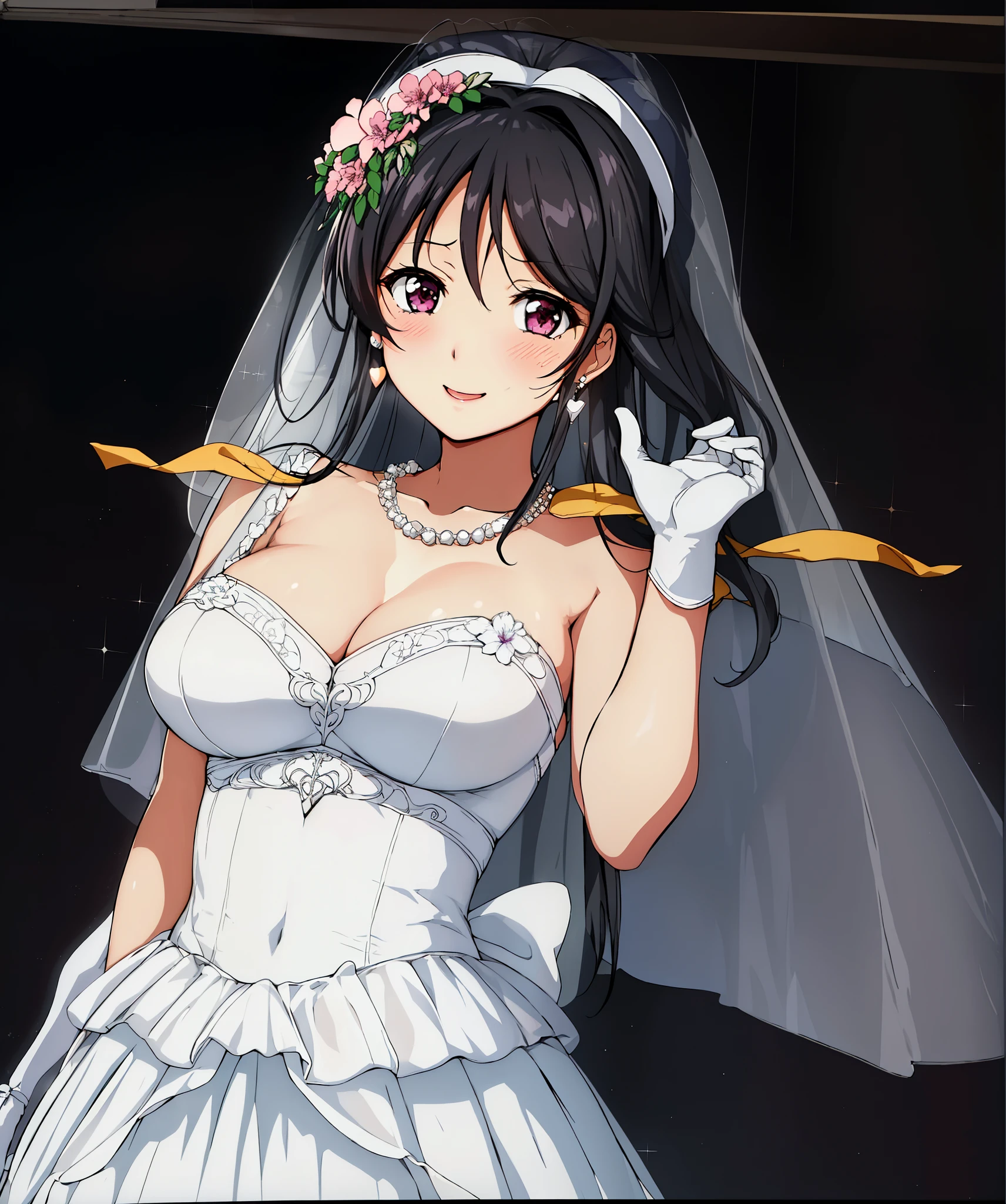 (sky),White background,蓝sky,
stand at attention,dynamic poses,
black hair, long hair,purple eyes,2girls,bride,embrace,Shut up,Smile,Gurwitz,(bride頭紗:1.5),(short sheer veil:1.5),Blushing face,Head flower,headgear,(tube top wedding dress:1.5),(Silk dress:1.2),(Strapless wedding dress:1.5),Bouquet,pure white dress,necklace,earrings,(large breasts:1.3),Deep V peach heart collar wedding dress,Bangs,lipstick,(lace gloves:1.3),Bust photo,High detail RAW color art,Tyndall phenomenon