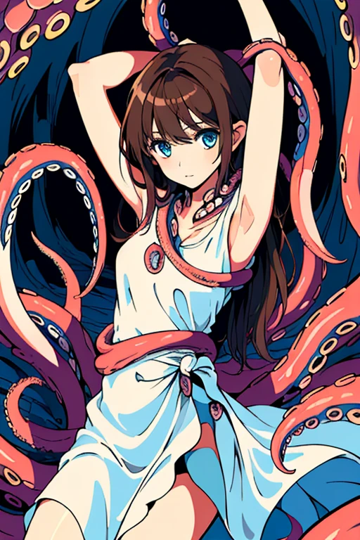 ((masterpiece)), ((best quality)), (ultra-detailed),(in the cave),(monster),(((many tentacles wrap arotnd the body))),a cute girl, 1girl, solo, (white girly dress),((many tentacles bound arms)), ((thin waist)),large breast, slim, slender,beautiful brown hair, beautiful blue eyes, (beautiful eyes), long hair,troubled expressio