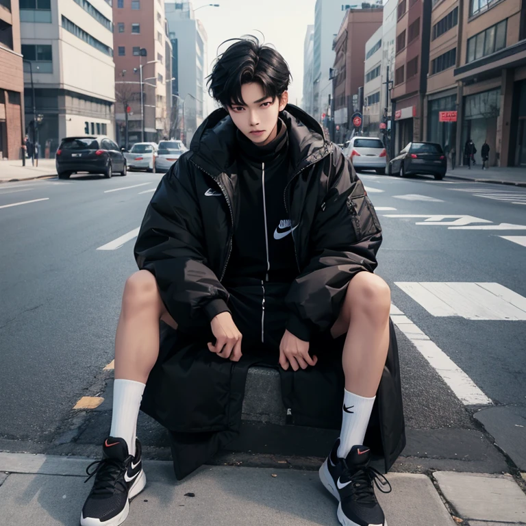 1 Korean young men，male，20 years old，High，Height is 180 cm，Hair is medium length，black coat，Nike shoes，White sport socks，Sitting on the street，legs open，Badass anime 4k ，POV perspective，Proud，Cold，looking into camera