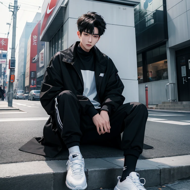 1 Korean young men，male，20 years old，High，Height is 180 cm，Hair is medium length，black coat，Nike shoes，White sport socks，Sitting on the street，legs open，Badass anime 4k ，POV perspective，Proud，Cold，looking into camera