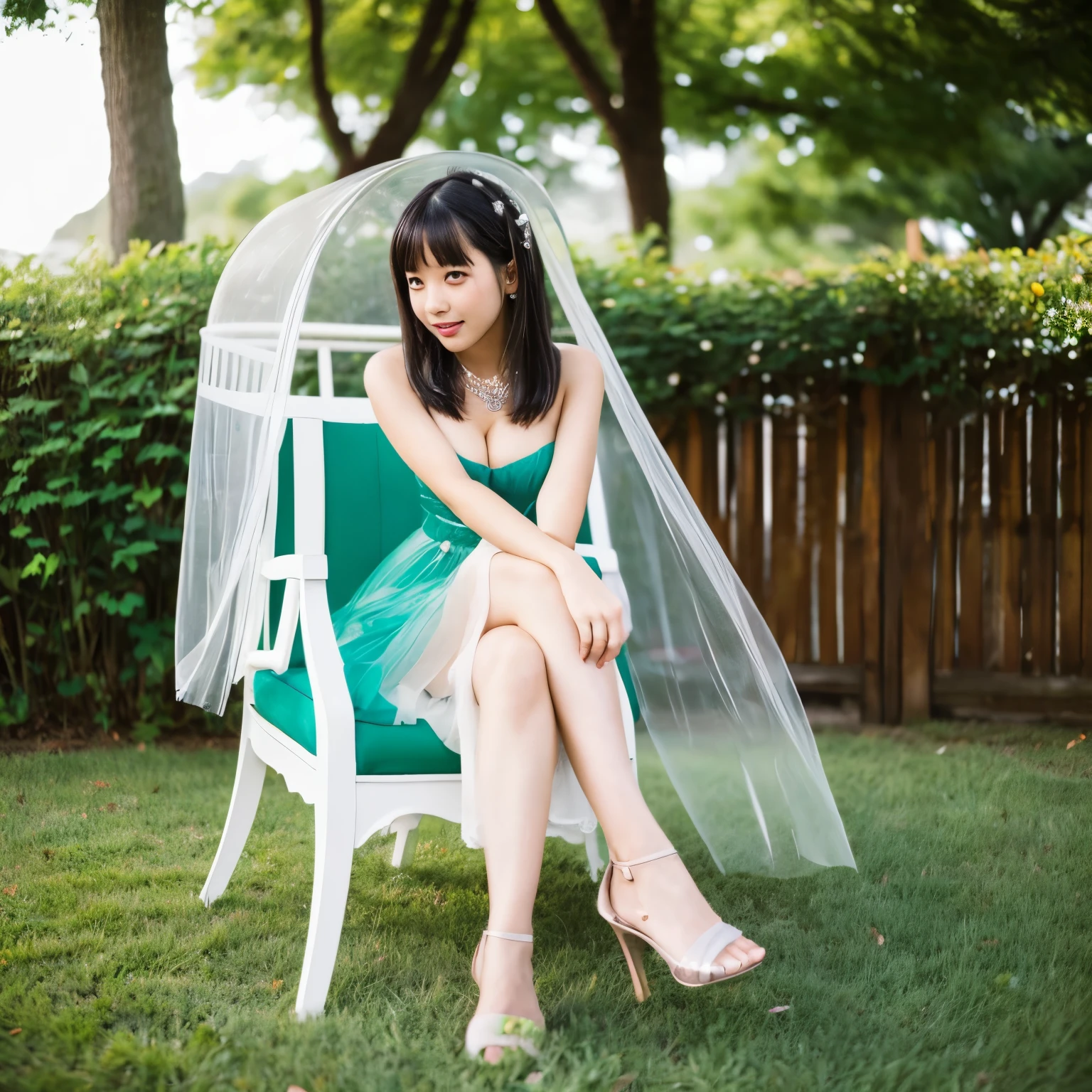 Asian girl with big tits wearing transparent dress sits astride