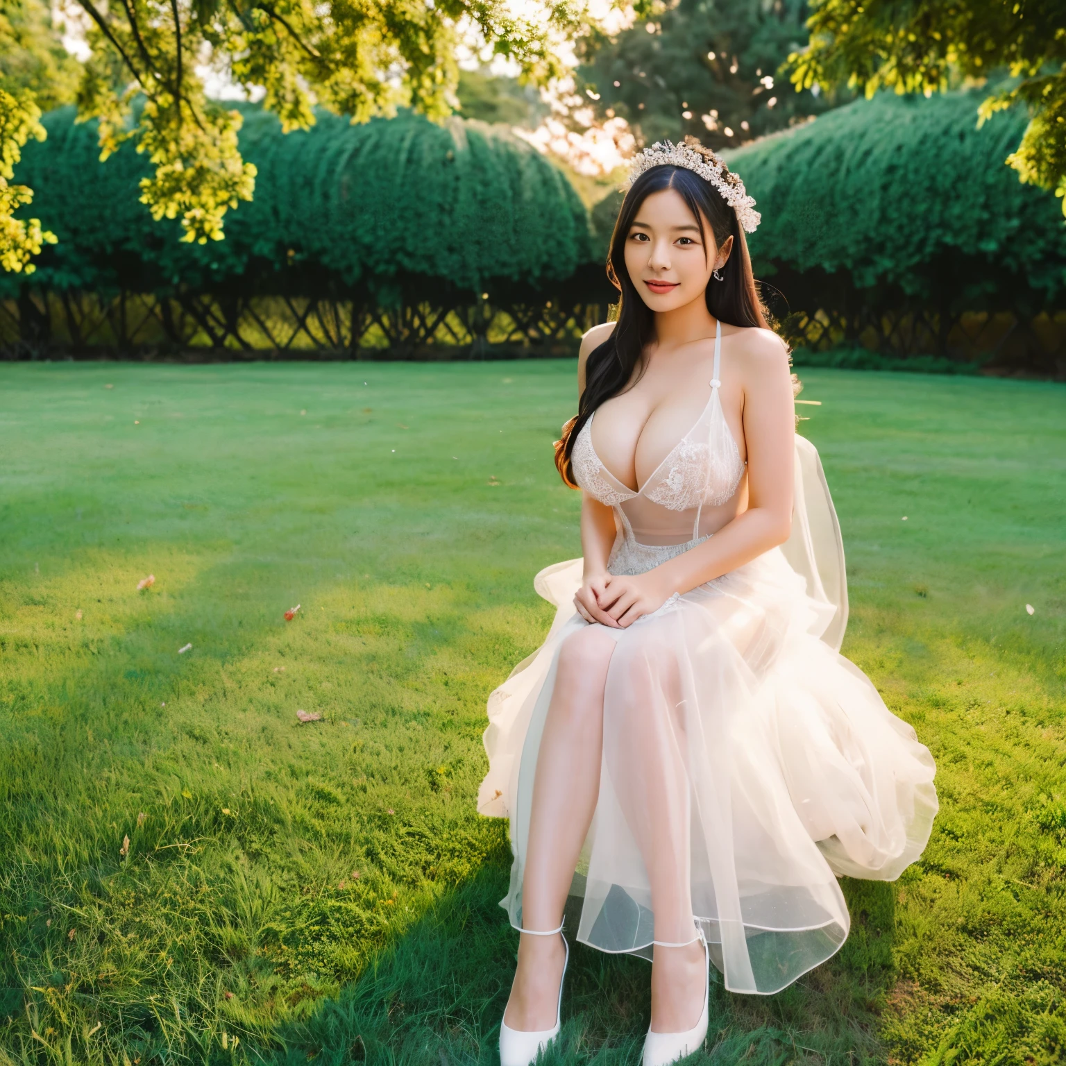 Asian girl with big tits wearing transparent dress sits astride