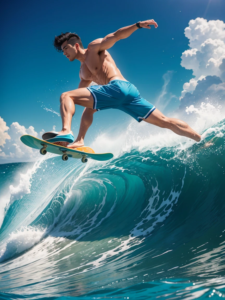 8k，8K resolution，一位武术家打扮的surf者，Riding on the top of a huge wave，Use kung fu and water control to navigate the water，Enjoy panoramic views of the sea and turquoise waves，muscular european, handsome man，charming eyes，rough real skin,beautiful, smooth and shiny，Full muscles，Thick body hair， (Wearing fashionable swimming trunks)，big bag，emphasize，Vibrant Neon Wai，bright colors，dynamic composition，Canon EO SRS camera，FU J if11M PR O400H film，35mm lens，shallow view deep，surf，The waves are high，Dashing out of the waves quickly on a skateboard with both feet，Beautiful and professional pose，professional lighting，Professional photography，Realistic photos，realistic model，realistic art