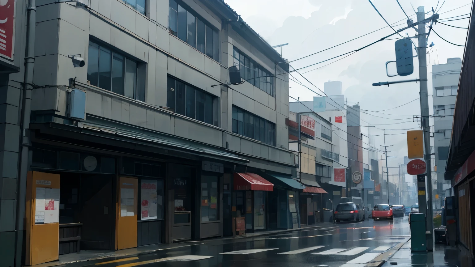 Scene from the street,row of shops,Facade,small city,doomsday scene dark weather,Two-dimensional style,Japanese animation style