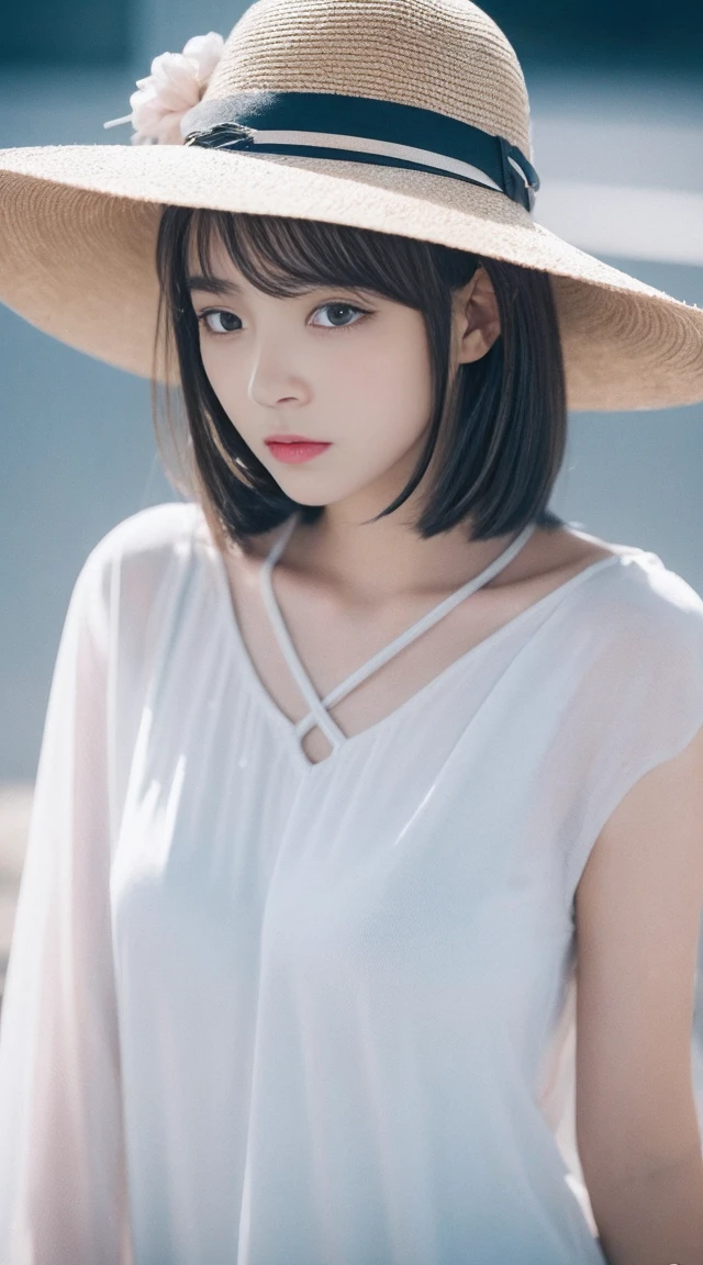 a close up of a woman wearing a hat and a top, a colorized photo by Lü Ji, trending on cg society, superflat, girl silver hair, beautiful young korean woman, ulzzang