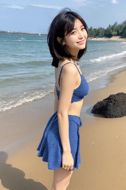 Beautiful Japanese woman standing on the sandy beach by the sea with her back straight, high teenager, Full body photo taken from the front, long eyes, beautiful eyes, Eye pupils are black, Height: 155cm, bust 79cm, Waist 55cm, Hip 85cm, Bob cut brown hair, Healthy thighs, barefoot, Rest your left foot, Shot straight ahead, full body shot,Camera height is 50cm, The line of sight is looking down at the camera at a height of 50 cm above the ground.,elongated facial contour, Smile a little,sharp cheeks, round chin, clean nose, looking at the camera, round chin, long eyes, beautiful eyes, black eyes, Navel soup、(large blue polka dots)Whiteノースリーブシャツ, (Fluttering)White(overtake)mini skirt
