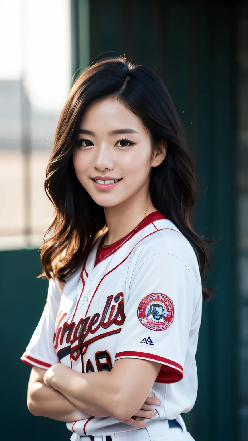 masterpiece, black hair, pure background, beautiful, elegant. Ultra-fine details, masterpieces, realistic textures, realistic cinematic lighting, perfect work, 8k, HD, delicate facial features, full body, Wavy auburn tresses, Baseball uniform,
Arms crossed behind, confident smile,