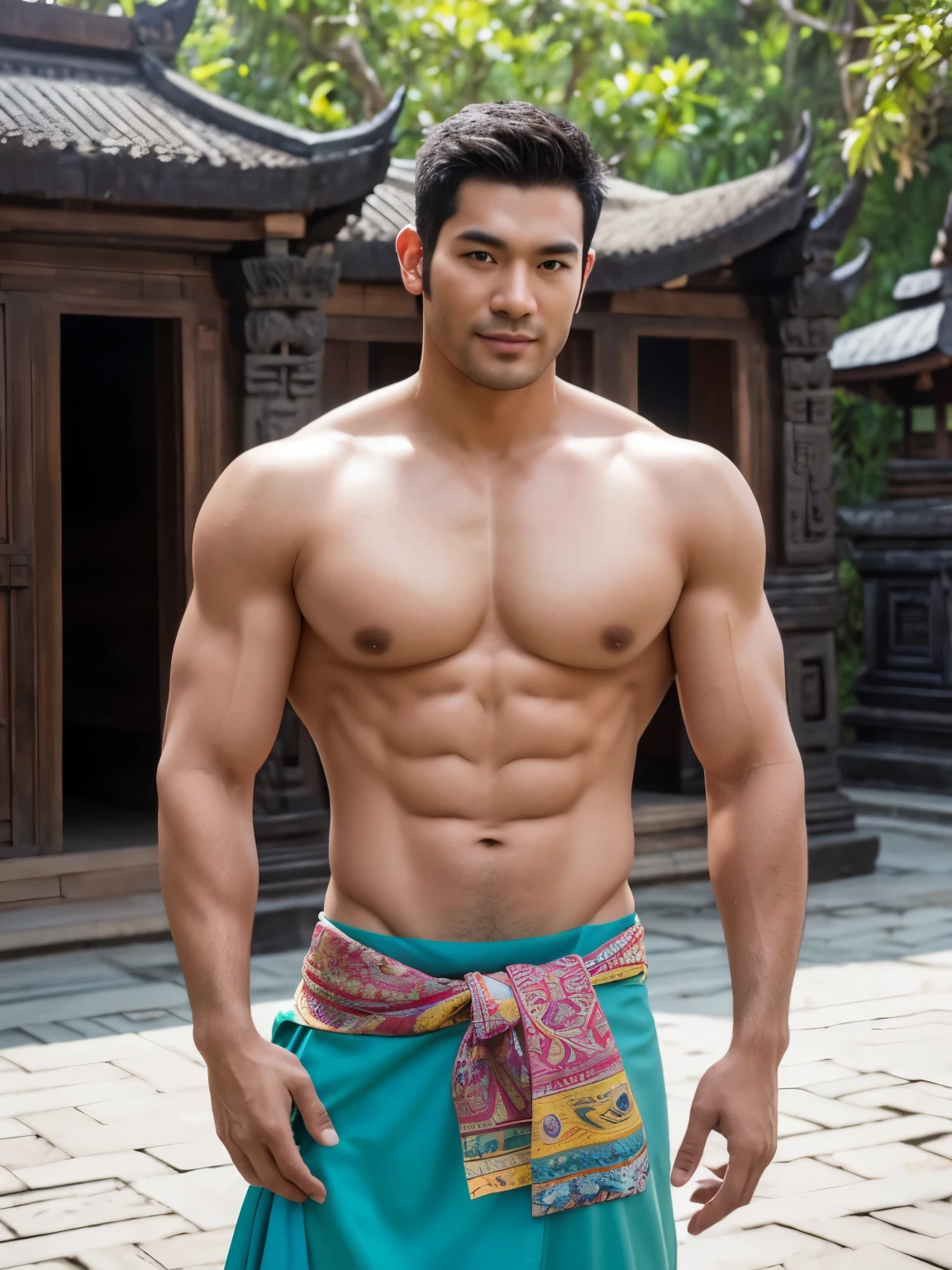 Finest Thai handsome male age 35 with musclar sexy body and big hairly chest.Weight 200 kg and height 2.5 meter tall. Model wearing color sarong. Professional outdoor photography. Balance eye and face. Ultra high details. Background is the Pura Lempuyang gate in Bali, Indonesia.