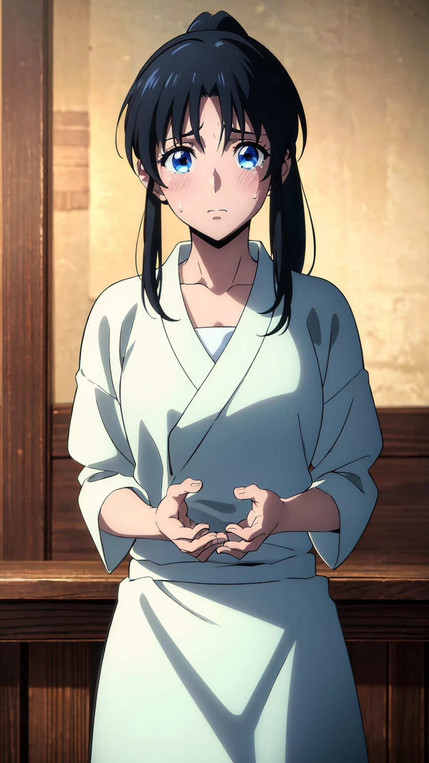 highest quality, High resolution、big breasts、sad expression、NSFW、white breath、shameずかしそうな表情、shame、humiliating、tears、blush、full of sweat、white skin、Black hair elastic、Kaorukamiya, Kaoru Kamiya, blue eyes, black hair, ponytail , Bandaged, sarashi, chest Sarashi, Hadhanungi Dusa, back, skirt, break looking at viewer, break outdoors, break (table top:1.2), (beautiful detailed eyes:1.6), extra detailed face, perfect lighting, (perfect hands, perfect anatomy)、mature woman、big areola、(masterpiece、highest quality)、 Super high resolution, (realistic:1.4),(写真のようにrealistic:1.4)、 (Super high resolution:1.2), High resolution、A highly detailed、side lighting、highly detailed eyes、perfect lighting、(1 person)、solo focus、shiny skin