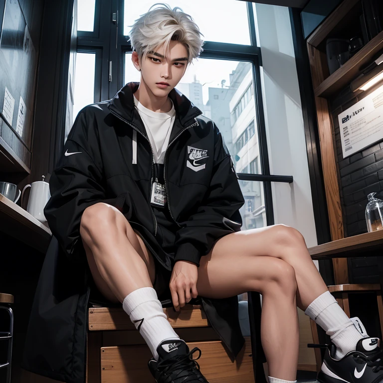 1 Korean young men,male,20 years old,High,Height is 180 cm,Hair is medium length,black coat,Nike shoes,White sport socks,Sit in a café,legs open,Badass anime 4k ,POV perspective,Proud,Cold,looking into camera