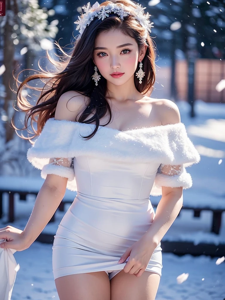 tmasterpiece、quality、ultra - detailed、Marilyn Tugue , Focus on the thighs and above,Clear face,(Best quality), beuaty girl:1.5、(Red fluffy off-shoulder dress style),long hair fluttering,Snowflake earrings、snowflakes falling、bblurry、Snow World