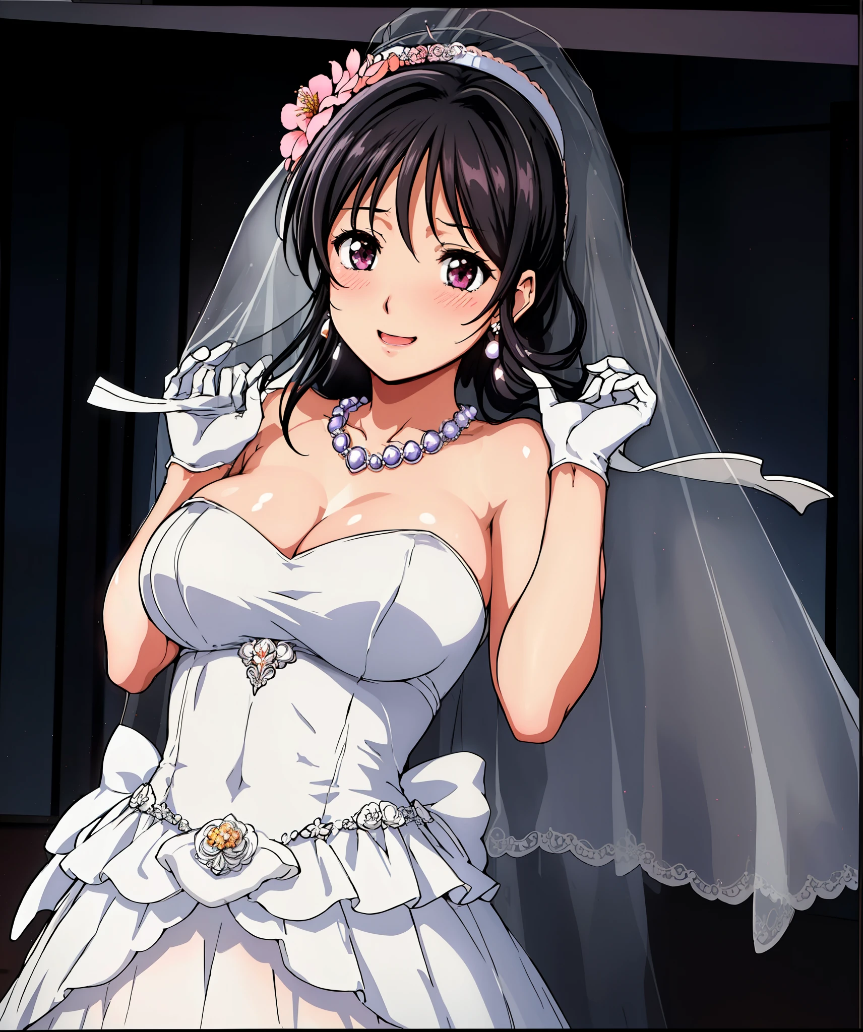 (sky),White background,蓝sky,
stand at attention,dynamic poses,
black hair, long hair,purple eyes,2girls,bride,embrace,Shut up,Smile,Gurwitz,(bride頭紗:1.5),(short sheer veil:1.5),Blushing face,Head flower,headgear,(tube top wedding dress:1.5),(Silk dress:1.2),(Strapless wedding dress:1.5),Bouquet,pure white dress,necklace,earrings,(large breasts:1.3),Deep V peach heart collar wedding dress,Bangs,lipstick,(lace gloves:1.3),Bust photo,High detail RAW color art,Tyndall phenomenon