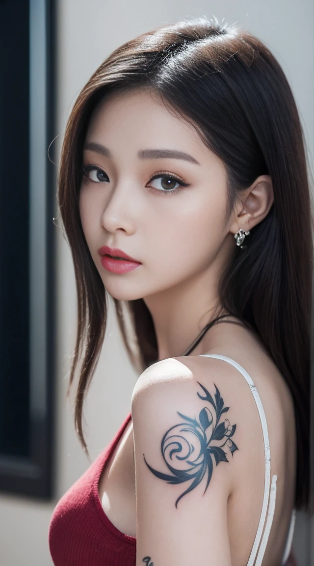 A smiling female sniper,Ambush on the roof of the building,Battle background(Roof),Armed with an M16 assault rifle,Hyper-detail photography,Mattire,Golden ratio,Chinese woman、Youthful、Light pink floral underwear、White-purple floral lace panties、exposing your navel、long whitr hair、Tall guy、Black hair color、full bodyesbian、photorealestic、Skin is moist,Full breasts,Big chest、largeeyes、perfect anatomia,rose tattoo,Soldier girl black hair sniper rifle handle, Holding an assault rifle, M16, Inside the city, Very detailed, Perfect face, Black eyes, Lips, Wide hips, Small waist, Tall, Makeup,Wear flower earrings,Bullet necklace