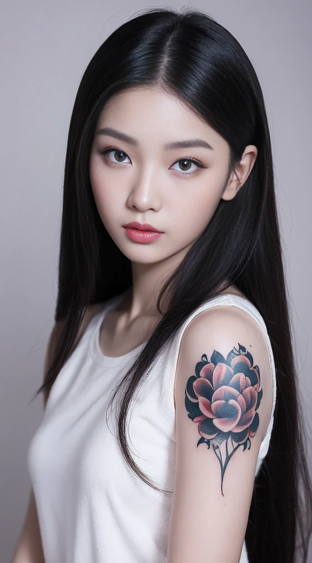 a close up of a woman with a tattoo on her arm, a tattoo by Lü Ji, trending on cg society, computer art, ulzzang, popular korean makeup, beautiful young korean woman